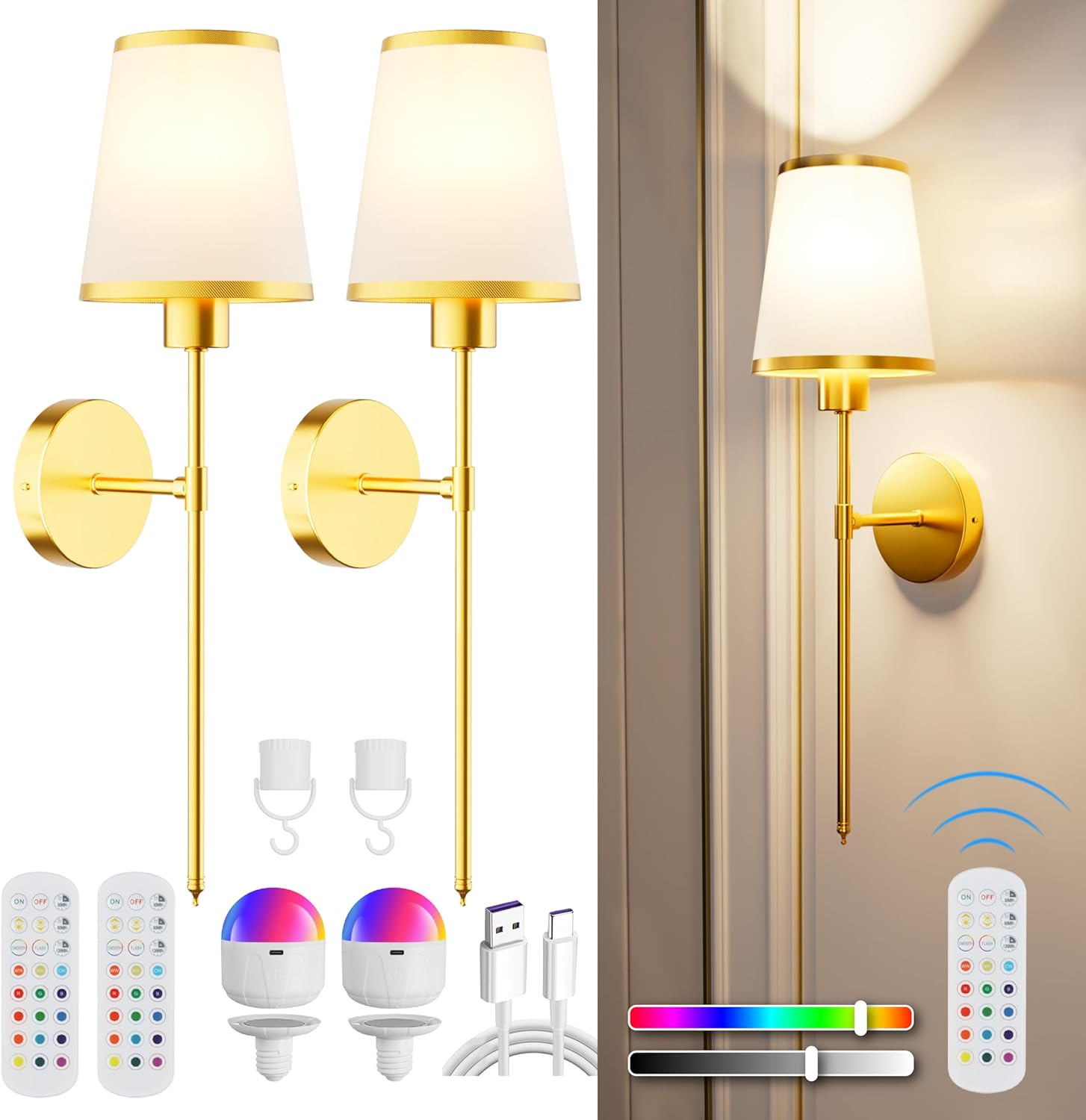 StarLume Battery Operated Wall Sconce Set of 2, LED Rechargeable Gold Wall Lights with 5200mAh Dimmable Bulbs and Remote,15 Colors Wireless Wall Lamps for Bedroom Living Room Hallway Decor