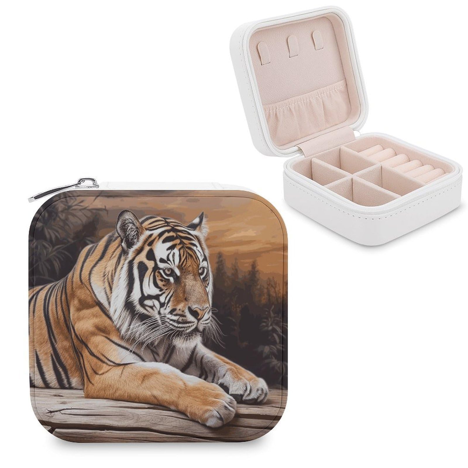 JTREHY Travel Tiger Lying on Wood Jewelry Case Portable Display Storage Box PU Leather Mini Jewelry Travel Case Personalized Travel Jewelry Organizer Small Jewelry Box for Women