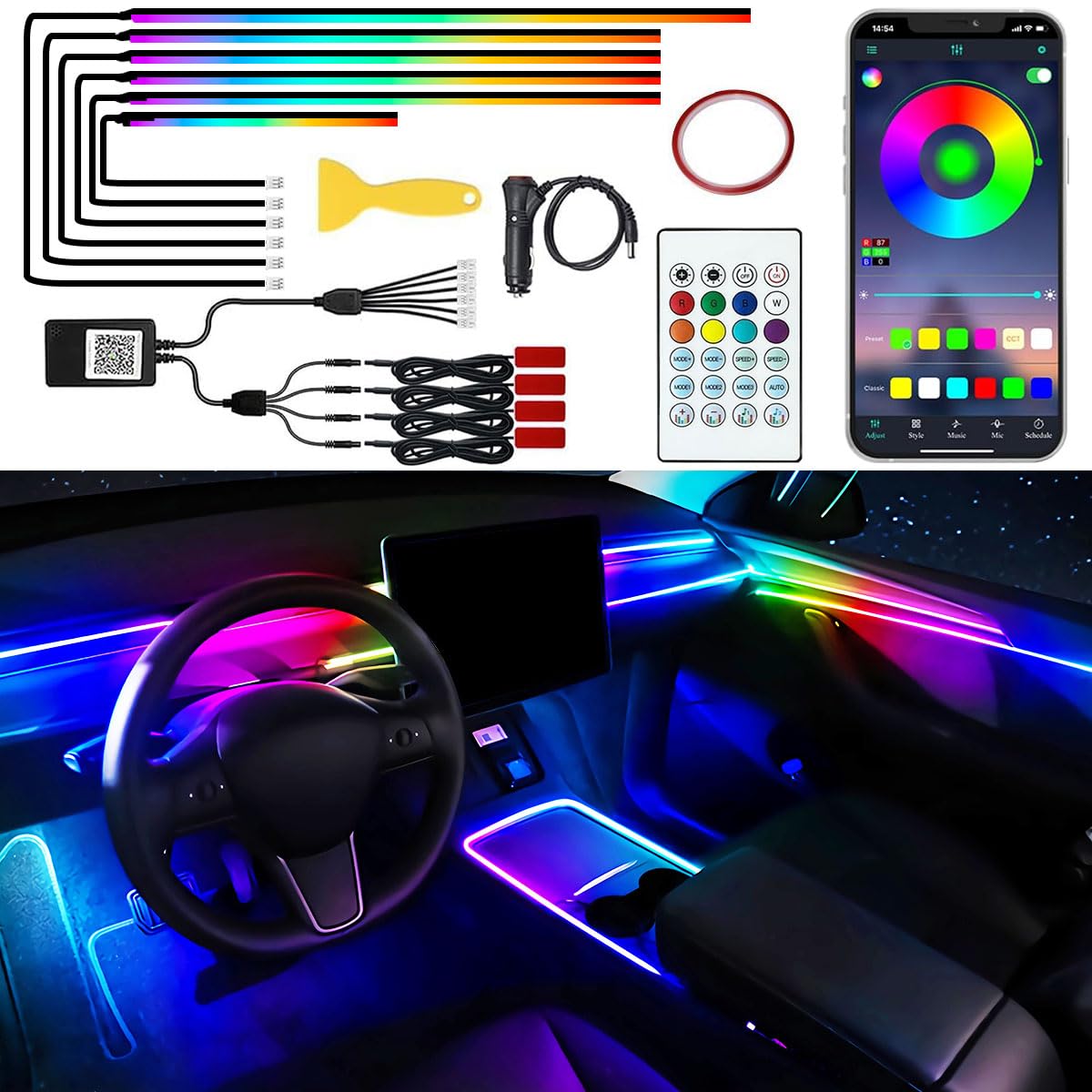 Acrylic Interior Car LED Strip Lights, 10 In 1