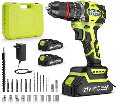 VOERJIA – Taladro atornillador inalámbrico de 21 V, taladro de percusión sin escobillas de 60 Nm, 2 baterías de 2000 mAh, 21+3 pares de torque, portabrocas de 10 mm, 2 velocidades, LED, 29 accesorios