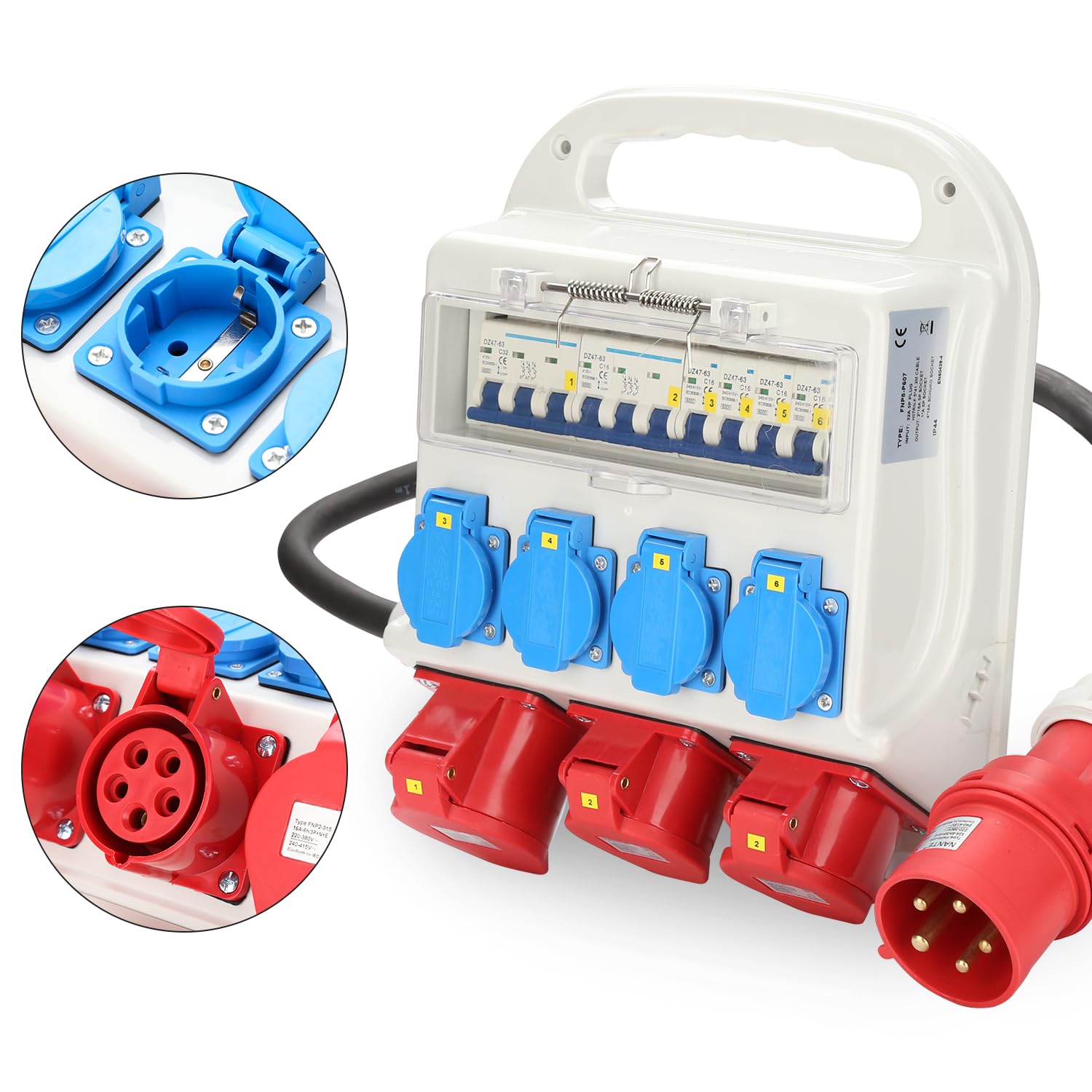 Eulenke Profi-Stromverteiler - 2x CEE 400V / 16A, 1x CEE 400V / 32A, 4x 230V Schuko. Kompakt, zuverlässig, ohne automatischen RCCB-Schalter. Ideal für vielseitige Stromverteilung
