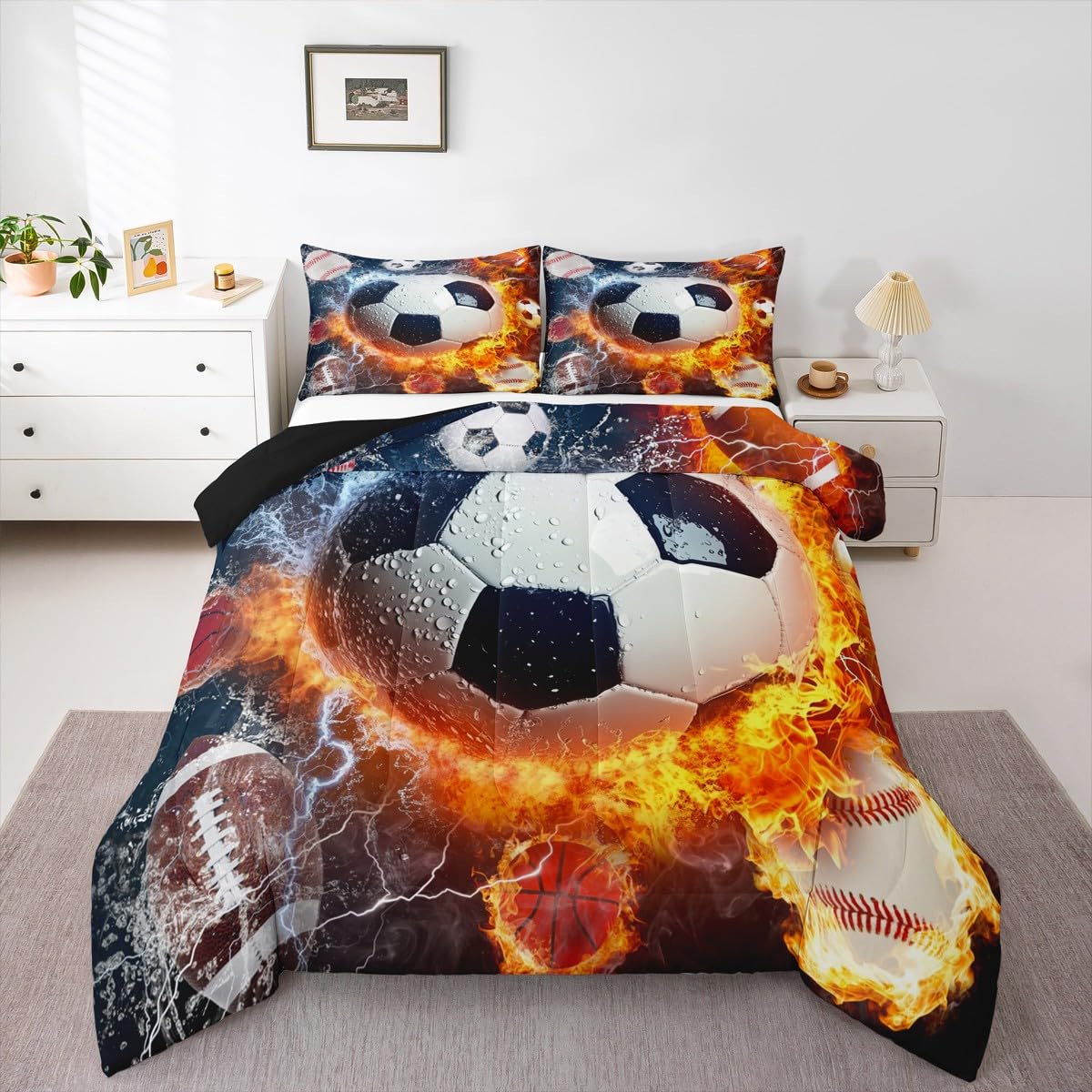 Erosebridal Boys Soccer Bedding Set Football Sports Twin Comforter Set for Kids Teens Youth Bedroom Decor Lightning Baseball Quilt Duvet Water Fire