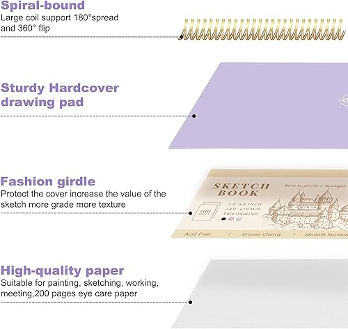 Miniatura 4 de Yoment Paquete de 2 cuadernos de bocetos para dibujar en la parte superior de espiral, bloc de bocetos para niños, de 5.5 x 8.5 pulgadas, tapa dura