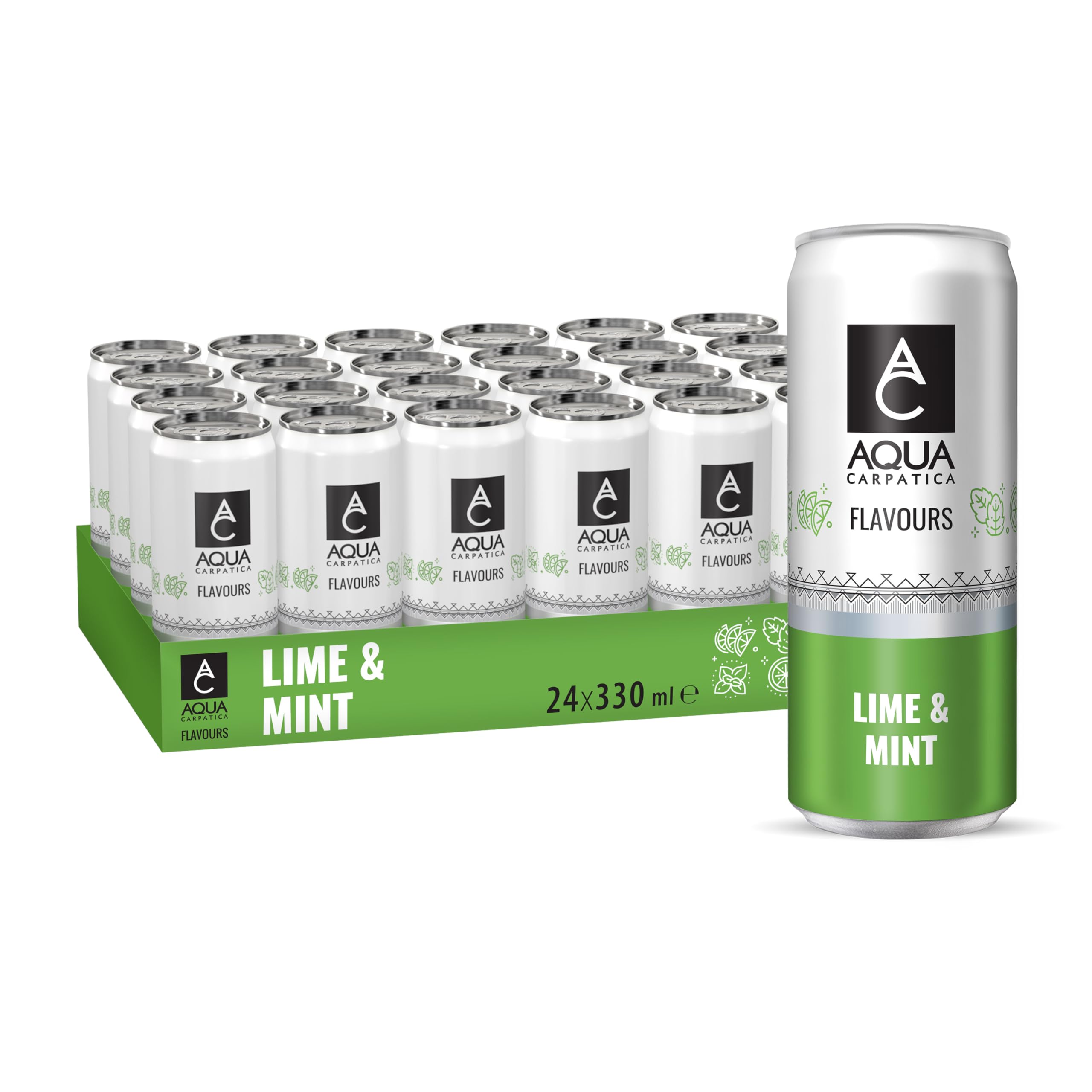 AQUA Carpatica Sparkling Flavours Lime & Mint 330ml x 24 - Natural Fruit Juice Infused Sparkling Water, Naturally Alkaline, Sweetened with Agave Syrup, Rich in Minerals