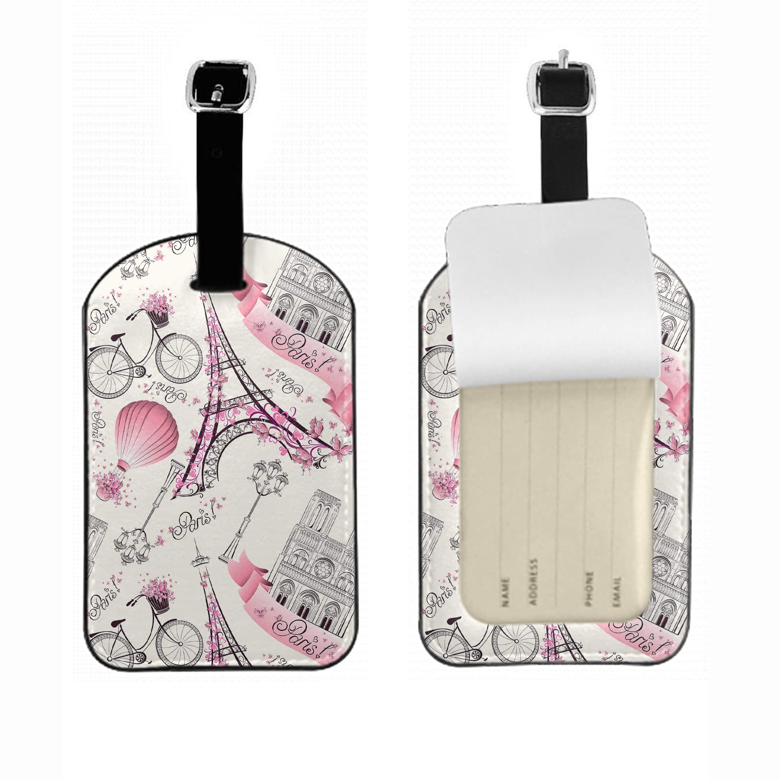 Zoczos Pink Paris Travel ID Bag Tag Eiffel Tower Bicycle Hot Balloon Famous Landscape Street View Luggage Tags with Full Back Privacy Cover PU Leather Strap 1 Pcs Set, 1 Pack