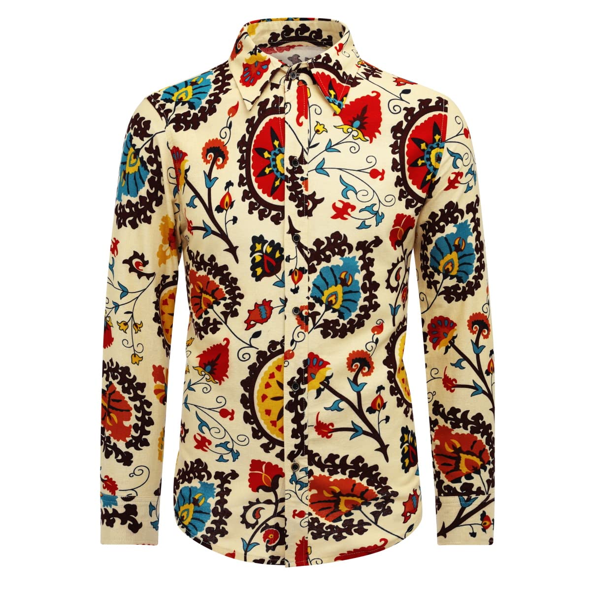AllthemenMens Casual Printed Shirts Summer Long Sleeve Linen Shirt Funky Floral Hawaiian Shirt XS-5XLGlobal Recycled StandardGlobal Recycled StandardGlobal Recycled Standard