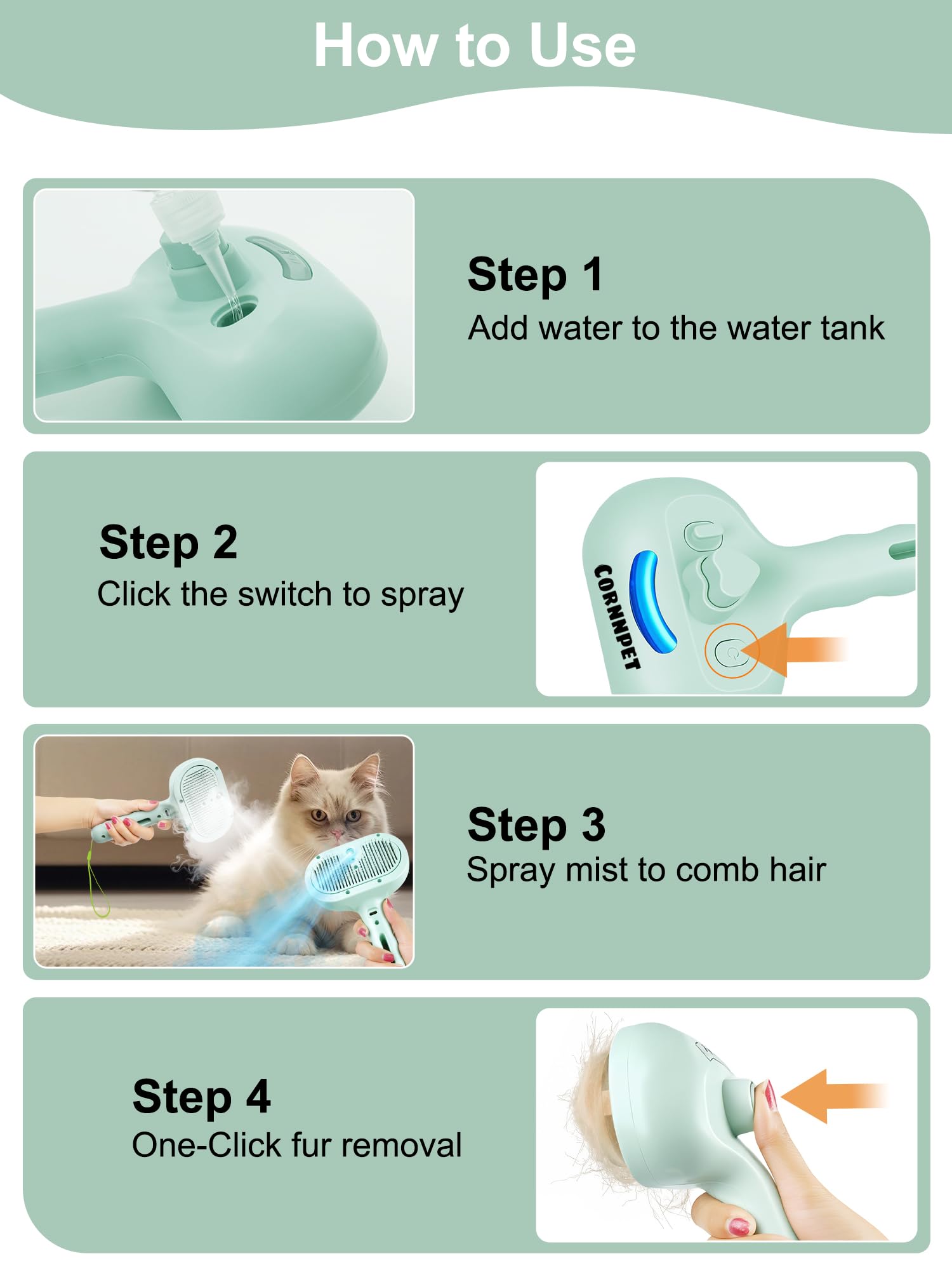 Cepillo de vapor 5 en 1 para perros y gatos con botón de vapor y liberación, herramienta de aseo para mascotas de interior, eliminación de pelo de gato, agua para animales pequeños, pelo largo y corto
