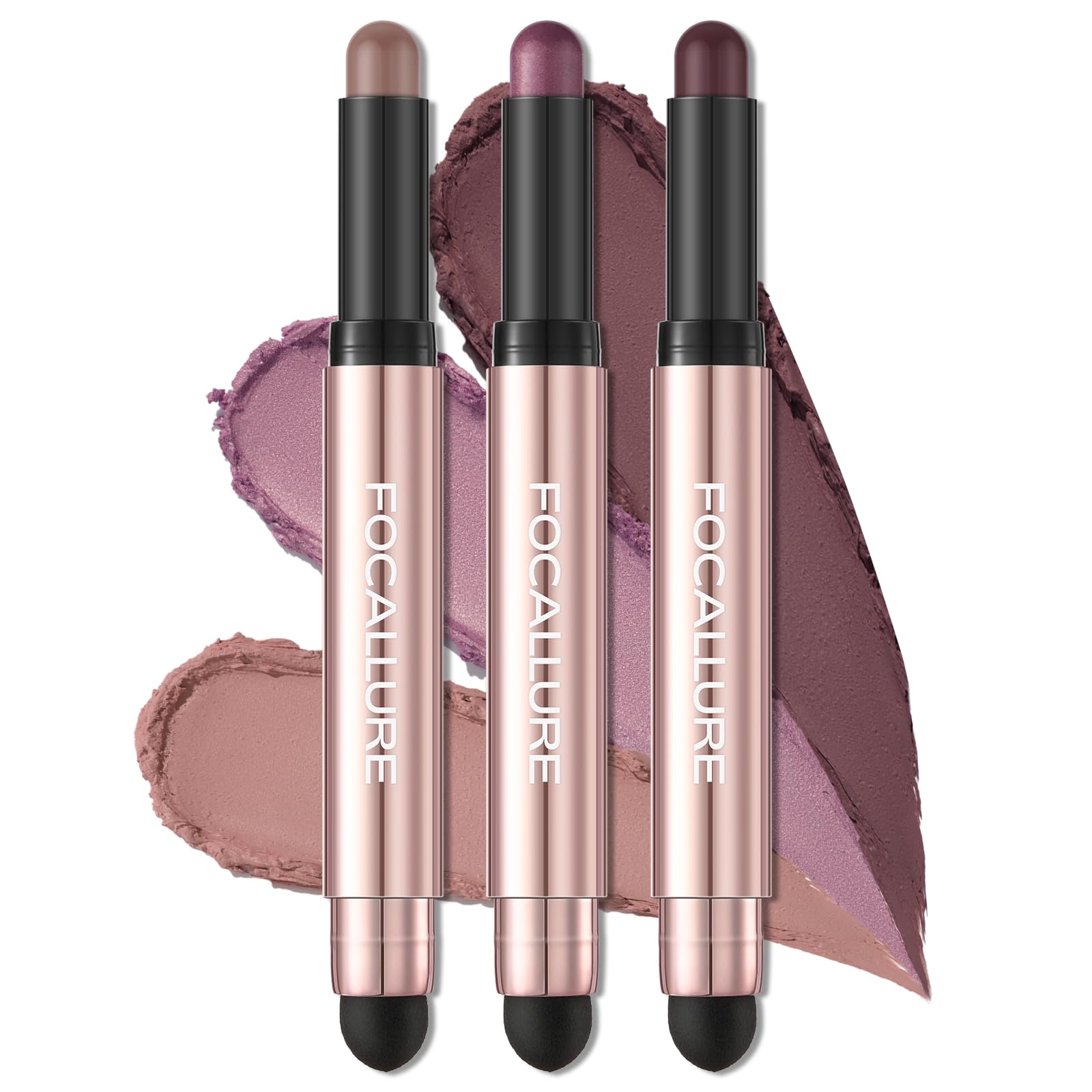 FOCALLURE3 Pcs No Crease Eyeshadow Sticks,Shimmer & Matte Eye Shadow Crayon with Blending Brush,Smooth Cream Highlighter Pen,Long Lasting Eyeshadow Brightener Stick Makeup,Limerence