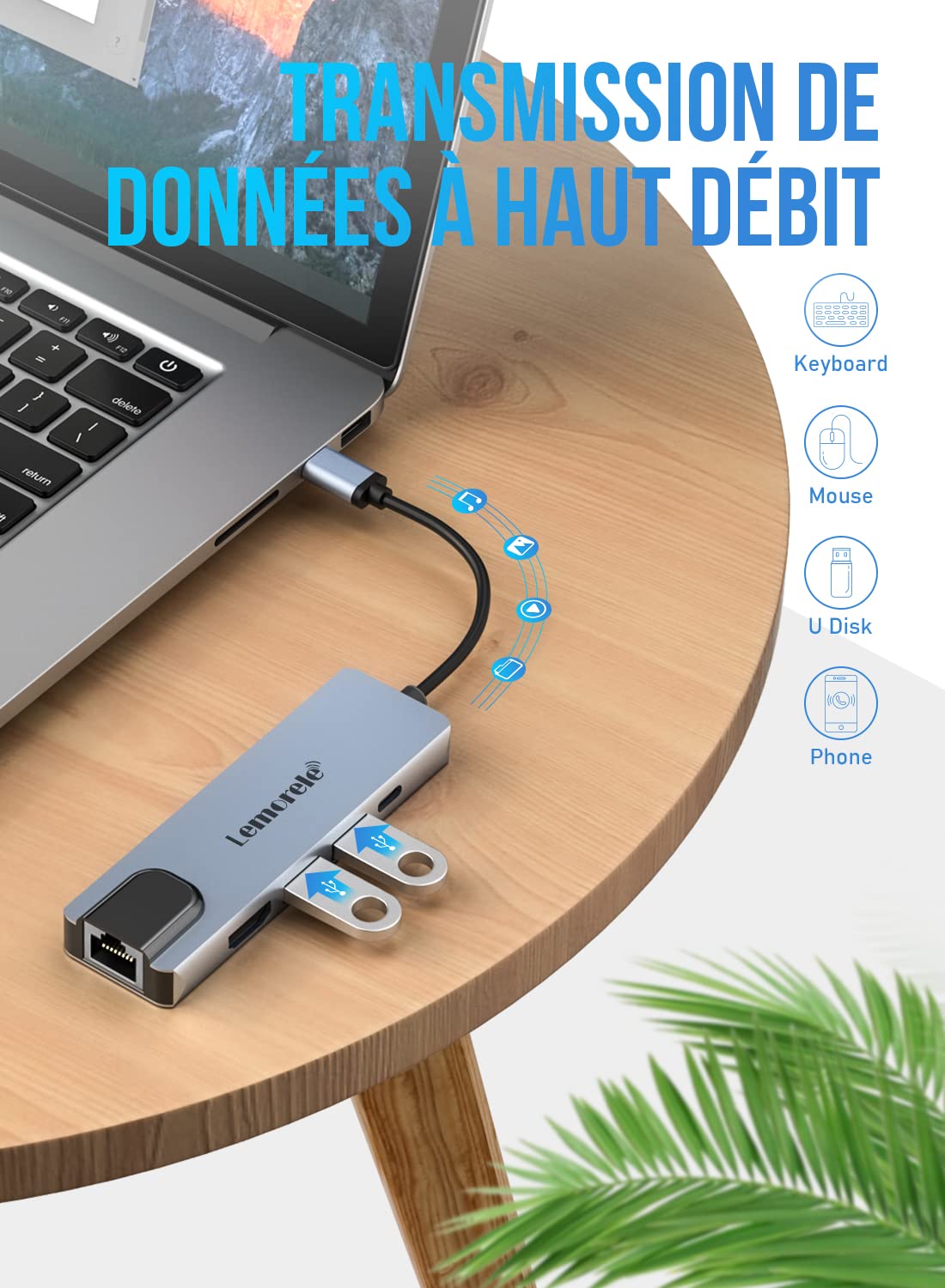 Lemorele Hub USB C 5-en-1 Adaptateur Multiport Ethernet RJ45 4K HDMI 2 USB 3.0 PD 100W