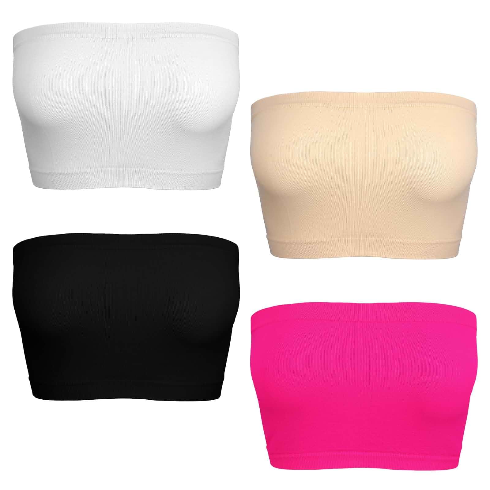 4 Pcs Women's Tube Top, Strapless Bandeau Crop Tops, Sleeveless Tank Top, Casual Basic Shirts, Black, White, Nude, Rose Red, One Size