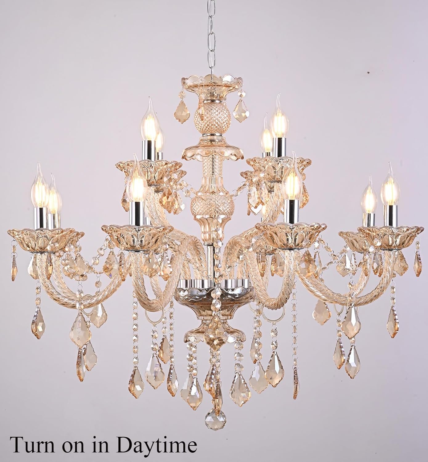Modern Cognac Crystal Chandelier Lighting, K9 Crystal Light Fixtures 12-Light,Luxury Crystal Chandeliers Lighting 2-Tier Candle Crystal Pendant Light for Living Room Lobby Stair (12 Lights)