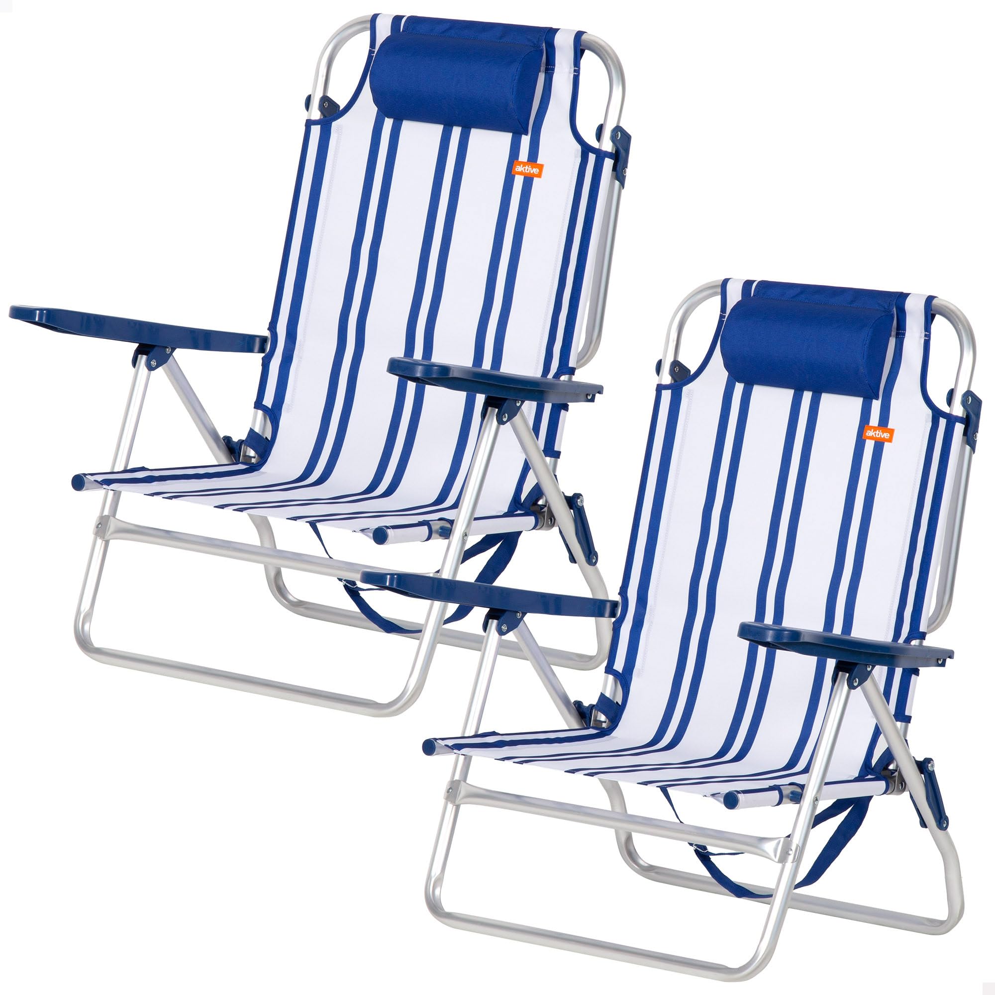 AKTIVE Lot de 2 chaises de Plage 48 x 45 x 83 cm, Rayures maritimes, 6 Positions, Protection Anti-basculement, Poids par Chaise 110 kg, Assise inférieure à 23 cm, Coussins, poignées latérales, Mode