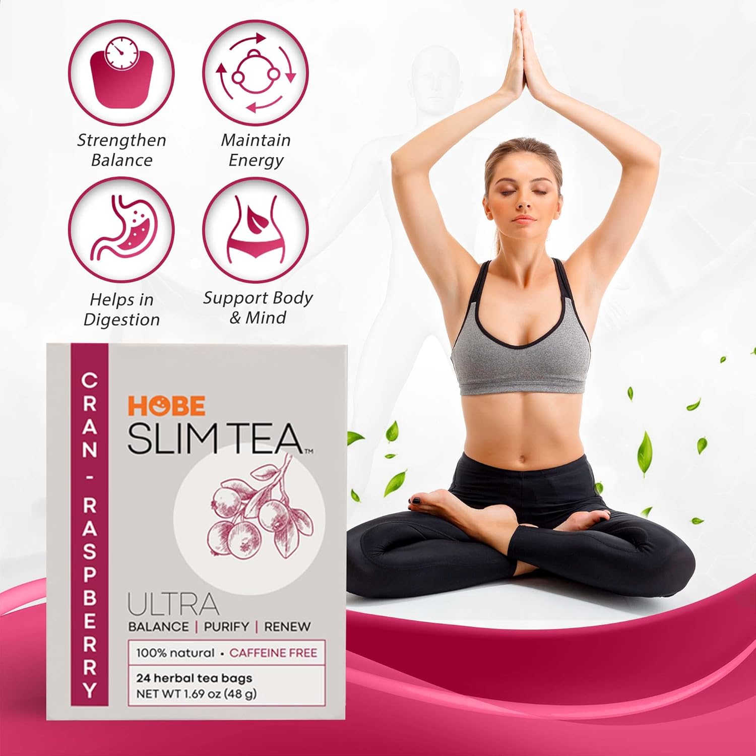 Hobe Labs Cran-Raspberry Tea - Natural Herbal Infusion for Body Balance and Refreshment - Caffeine-Free (96 Tea Bags)
