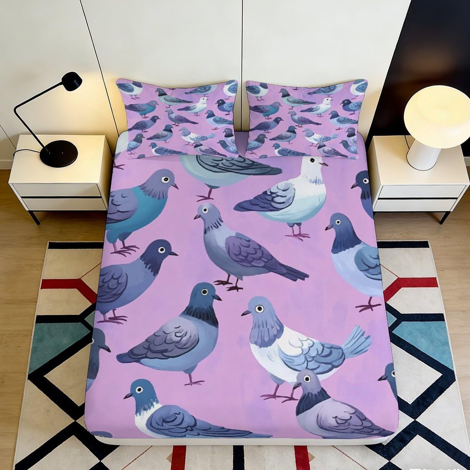 3D Printed Purple Pigeon Fitted Sheet Microfiber Soft Breathable Cartoon Bird Mattress Cover for Bedroom Guestroom Dorm Decor 90x200x25cm
