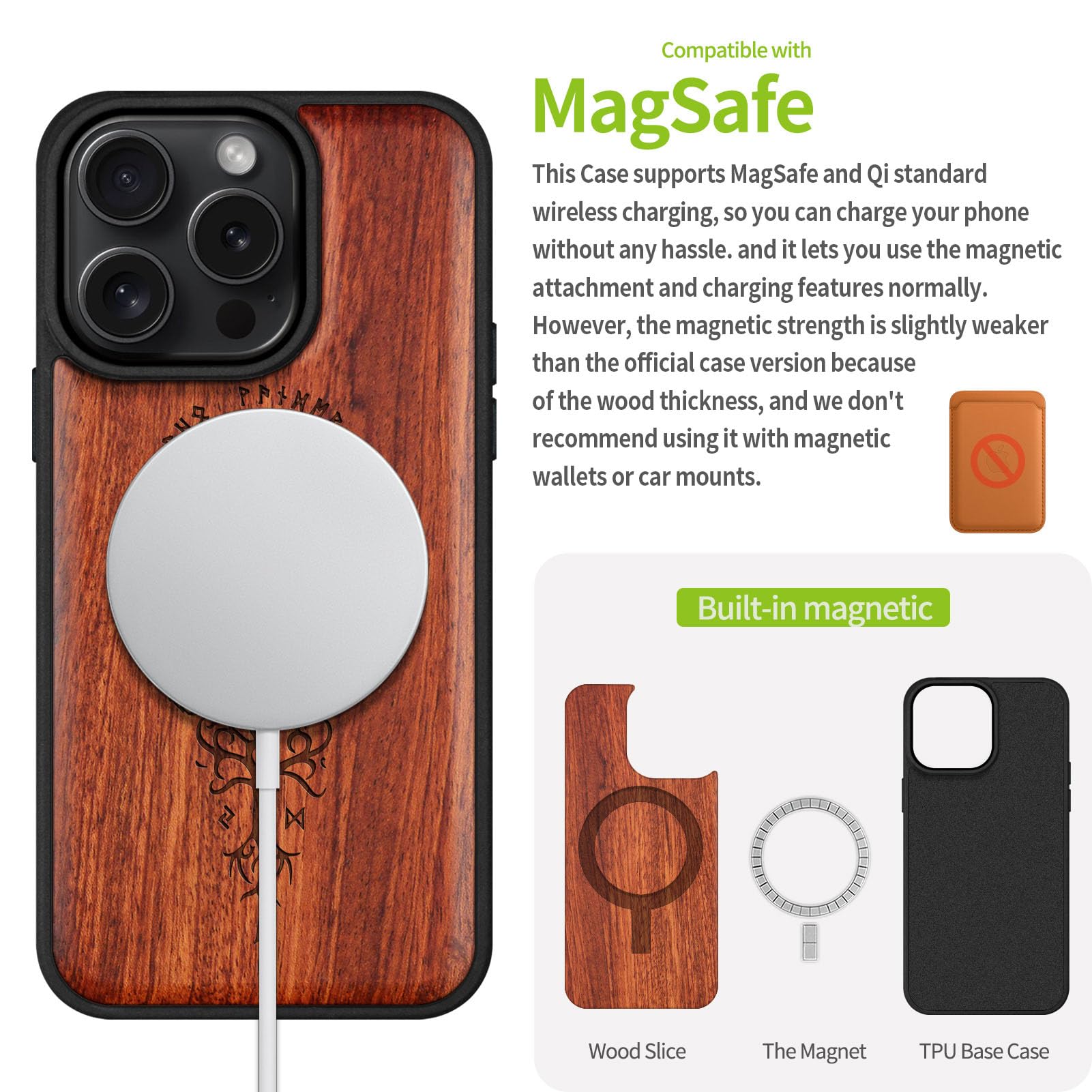 Carveit Magnetic Wood Case For IPhone 13 Pro Max [Natural Wood & Black Soft TPU] Unique Wooden Shockproof Protective Cover Compatible With Magsafe (Mandala Eye Of Horus -Rosy