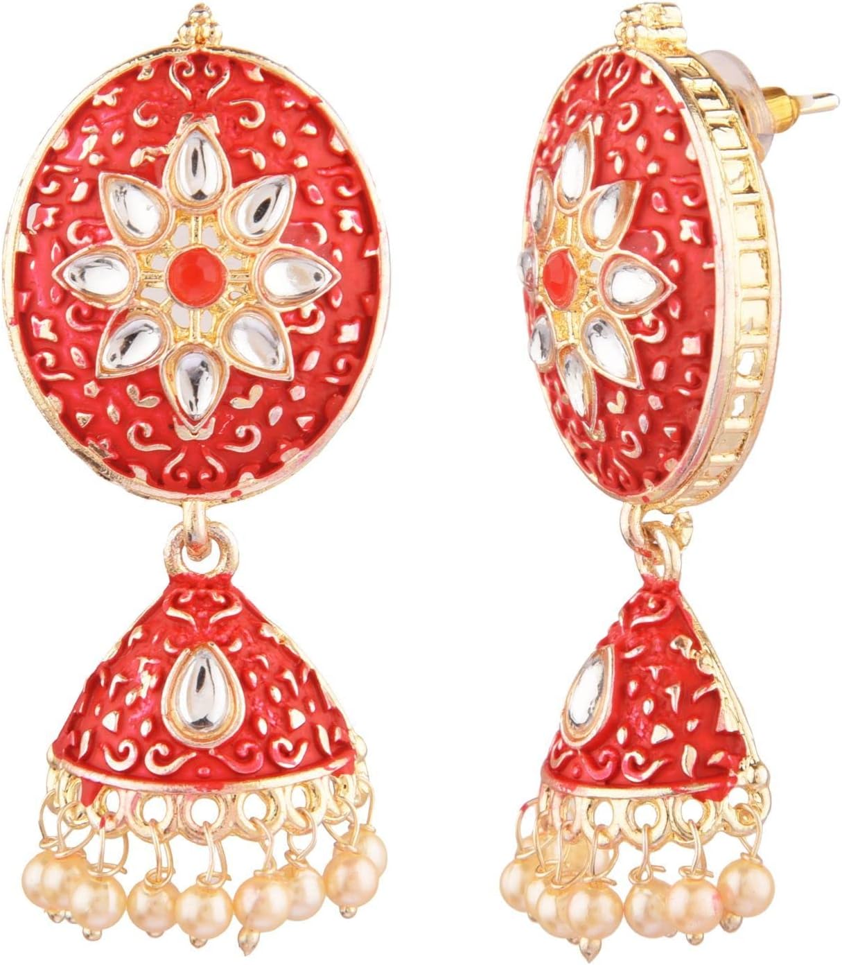 Efulgenz Meenakari Choker Set Antique Choker Kundan Faux Pearl Jhumki Tassel Necklace Jhumka Earrings Maang Tikka Head Chain Jewelry Set for Women - Image 9