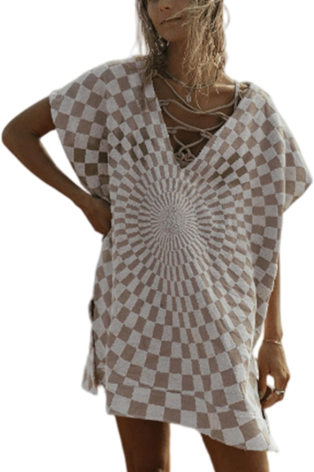 Swim Cover Up for Women Check Floral Beach Cover Ups Summer Dress Vacation Boho Poncho Swimsuit