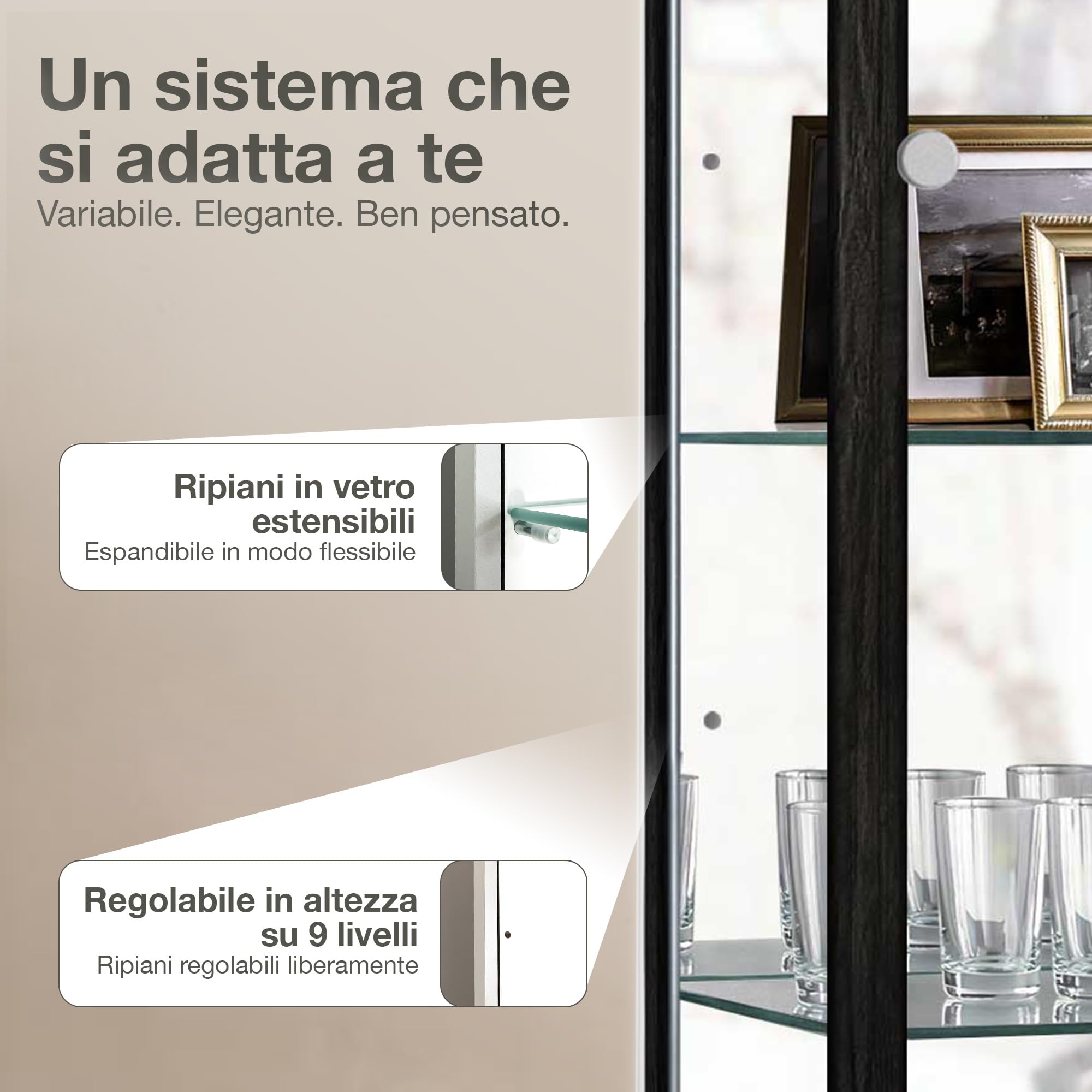 Vetrina in vetro nero (176x37x33cm) con 4 ripiani in vetro regolabili in altezza, specchio, serratura, LED - Vetrina per automodelli nera - Vetrina nera - Vetrina per collezionisti