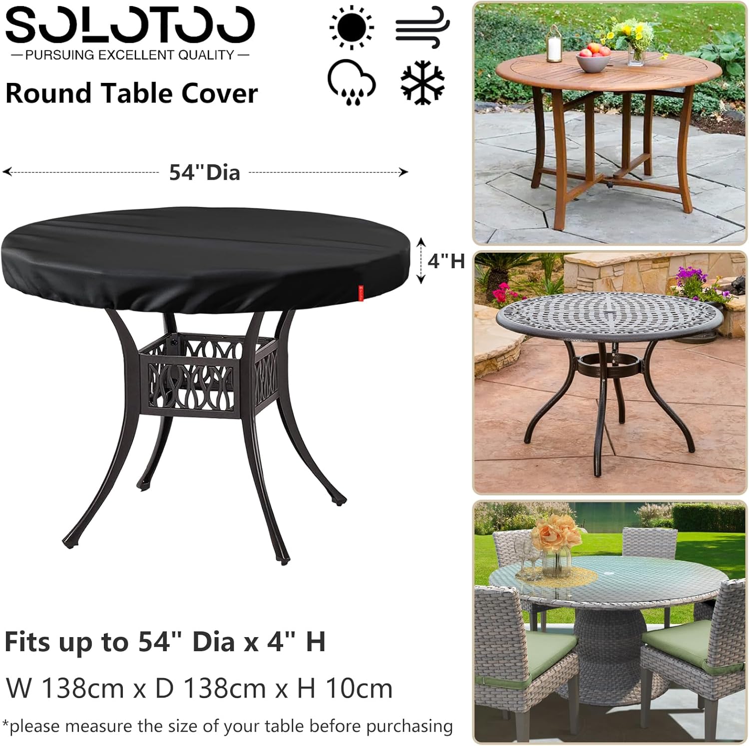 Outdoor Round Table Cover Waterproof UV-Resistant for 54 Inch Diameter Patio Tables - Heavy Duty Weatherproof Table Top Protector with Elastic Hem (Black)