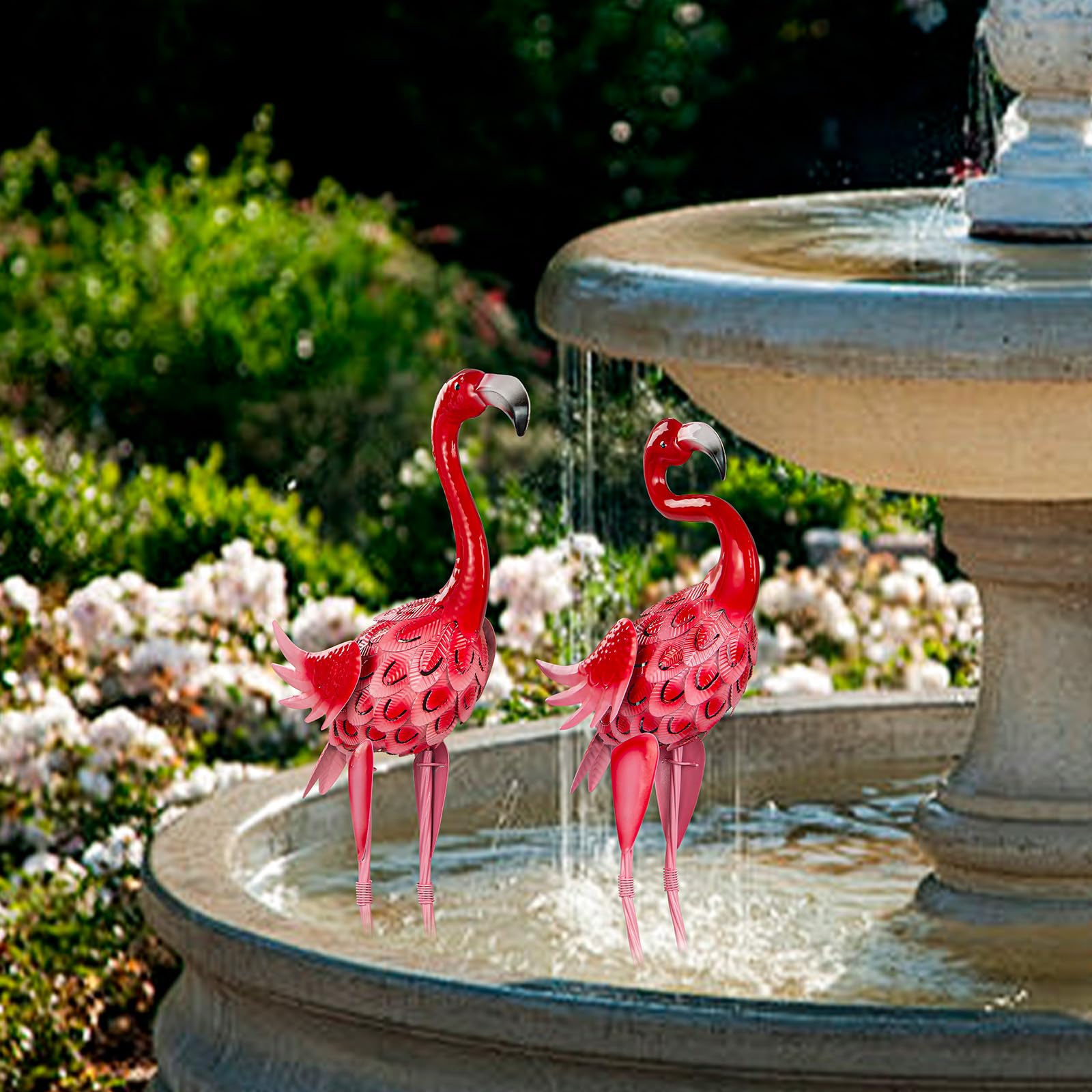 2 statue da giardino fenicottero sculture in metallo con fenicotteri rosa per la decorazione esterna di cortile, terrazza, prato, veranda e giardino (rosa)