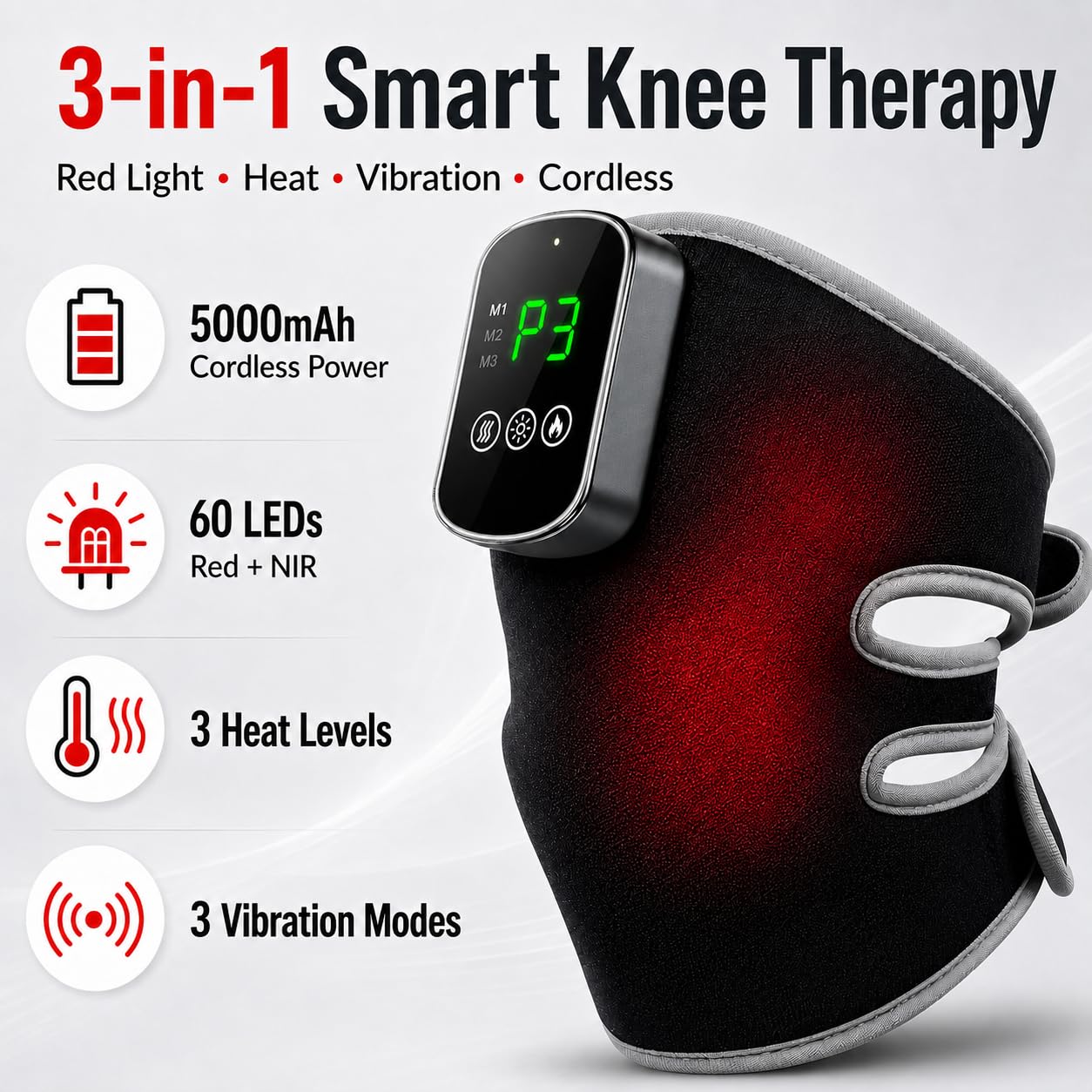 Terapia de luz roja inalámbrica para rodilla con calor y vibración, 60 LED calefactada 3 en 1, 660 nm y 850 nm infrarrojo para comodidad y alivio de las articulaciones, 5000 mAh recargable, se