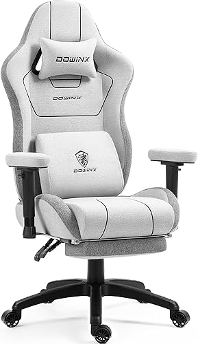 Dowinx Silla de juegos de tela de lino con cojín de resorte de bolsillo, silla ergonómica para computadora con soporte lumbar de masaje y