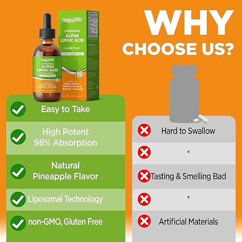 Miniatura 5 de Gotas de ácido alfa liposomal líquido, 600 mg de ácido R-alfa lipoico con biotina y multivitaminas, ALA para antioxidante, salud cerebral y apoyo