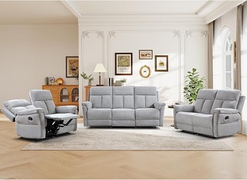 ANJ 3-Piece Manual Recliner Sofa Set, Two Reclining Loveseats and One 3 Seat Sofa with Overstuffed Backrest and Supportive Backrest, Fabric Reclining Couch Set for Living Room, Silver