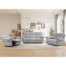 ANJ 3-Piece Manual Recliner Sofa Set, Two Reclining Loveseats and One 3 Seat Sofa with Overstuffed Backrest and Supportive Backrest, Fabric Reclining Couch Set for Living Room, Silver