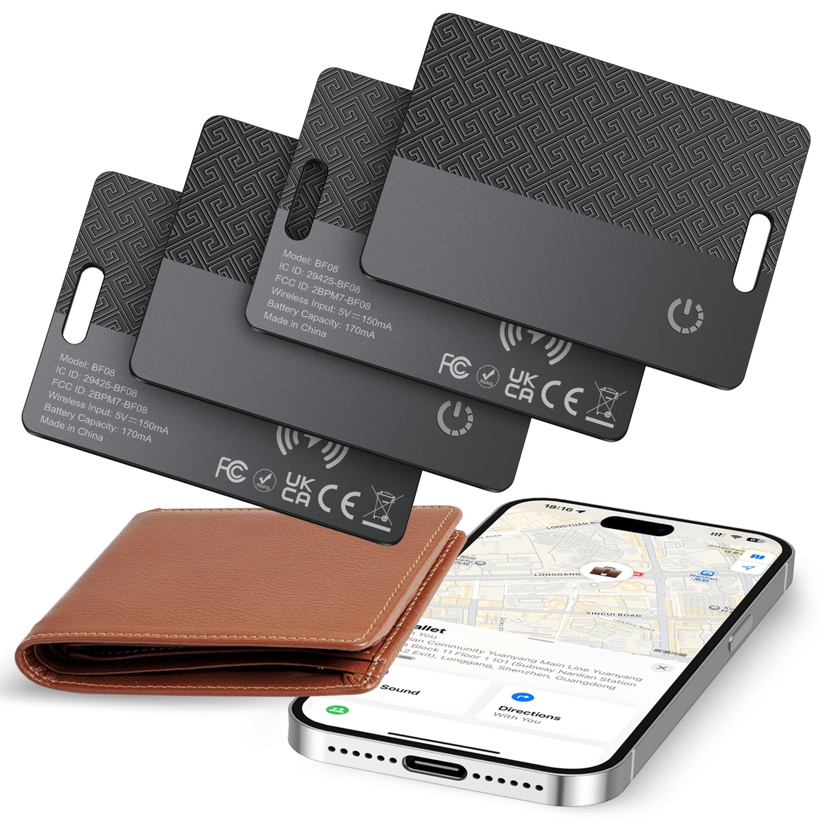 Wallet Tracker Card 4 Pezzi, Compatibile con Apple Dov’è (Solo iOS), 1.8mm, Impermeabile IP68, Localizzatore Bluetooth con ricarica wireless per Portafogli, Passaporti, Bagagli