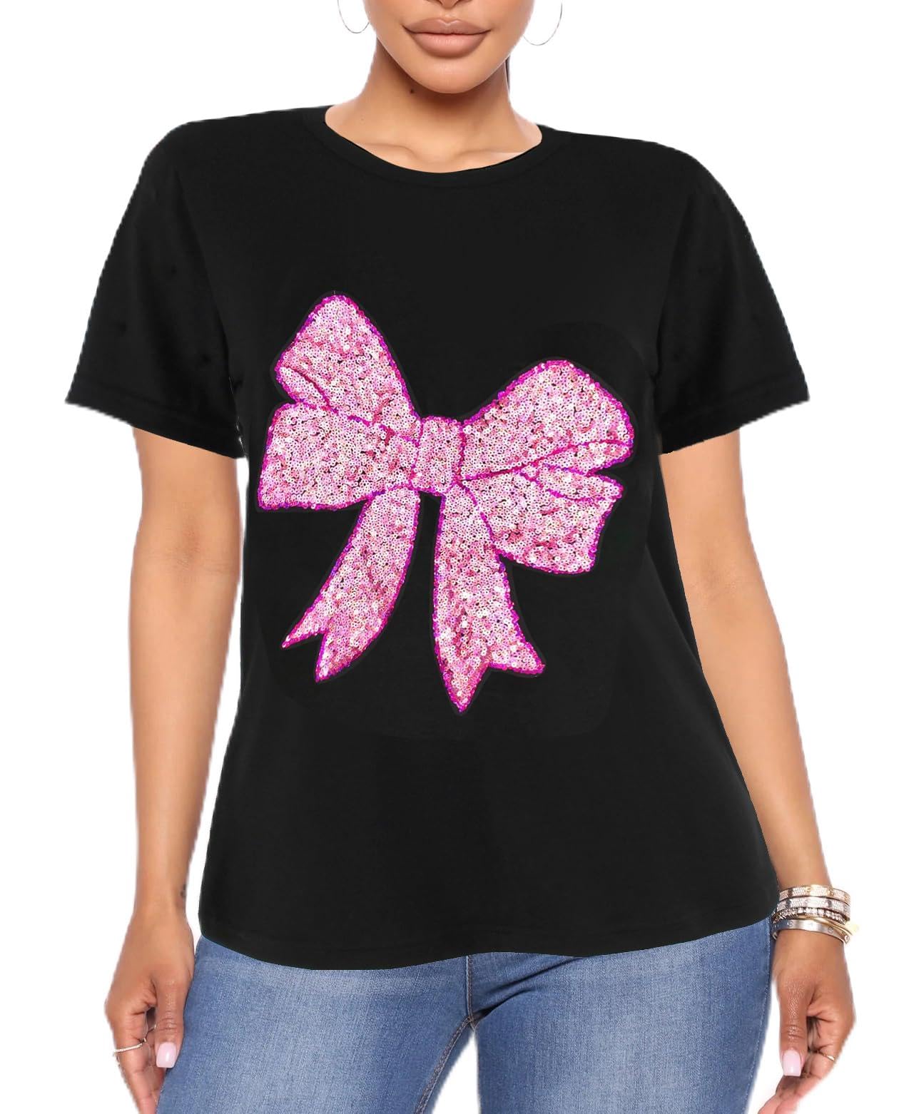 PESION Valentine's Shirts for Women Shiny Sequined Bowknot T-Shirt Tops Tees, Black+ Rose Bow, XX-Large
