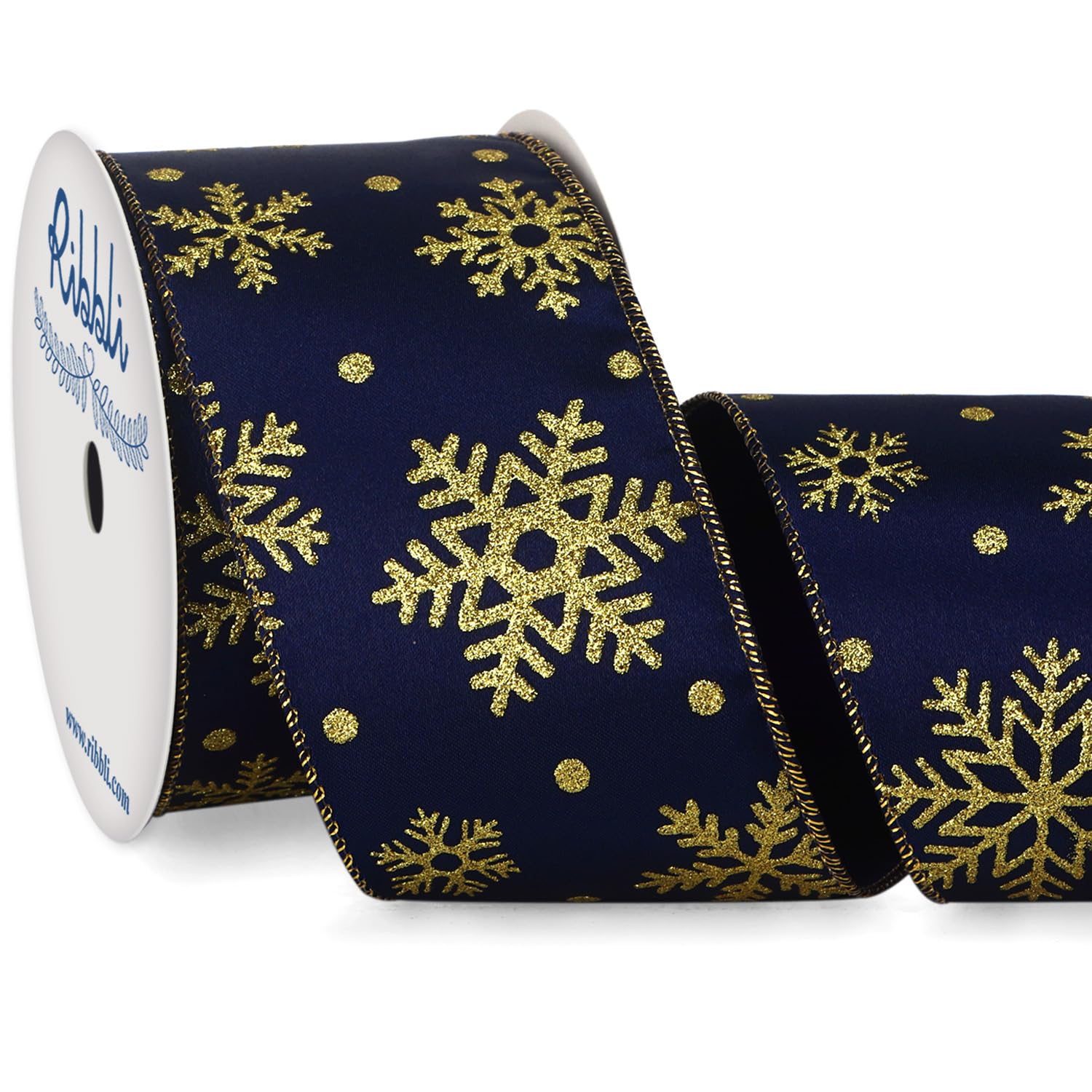 Amazon.com: Ribbli Navy with Gold Snowflake Wired Ribbon,Navy Satin ...