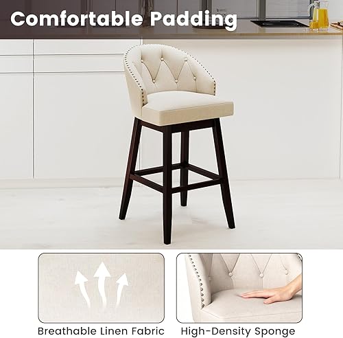 Miniatura 6 de COSTWAY Juego de 2 taburetes de bar giratorios de 31 pulgadas con patas de madera de goma y respaldo acolchado, tela de lino transpirable, diseño