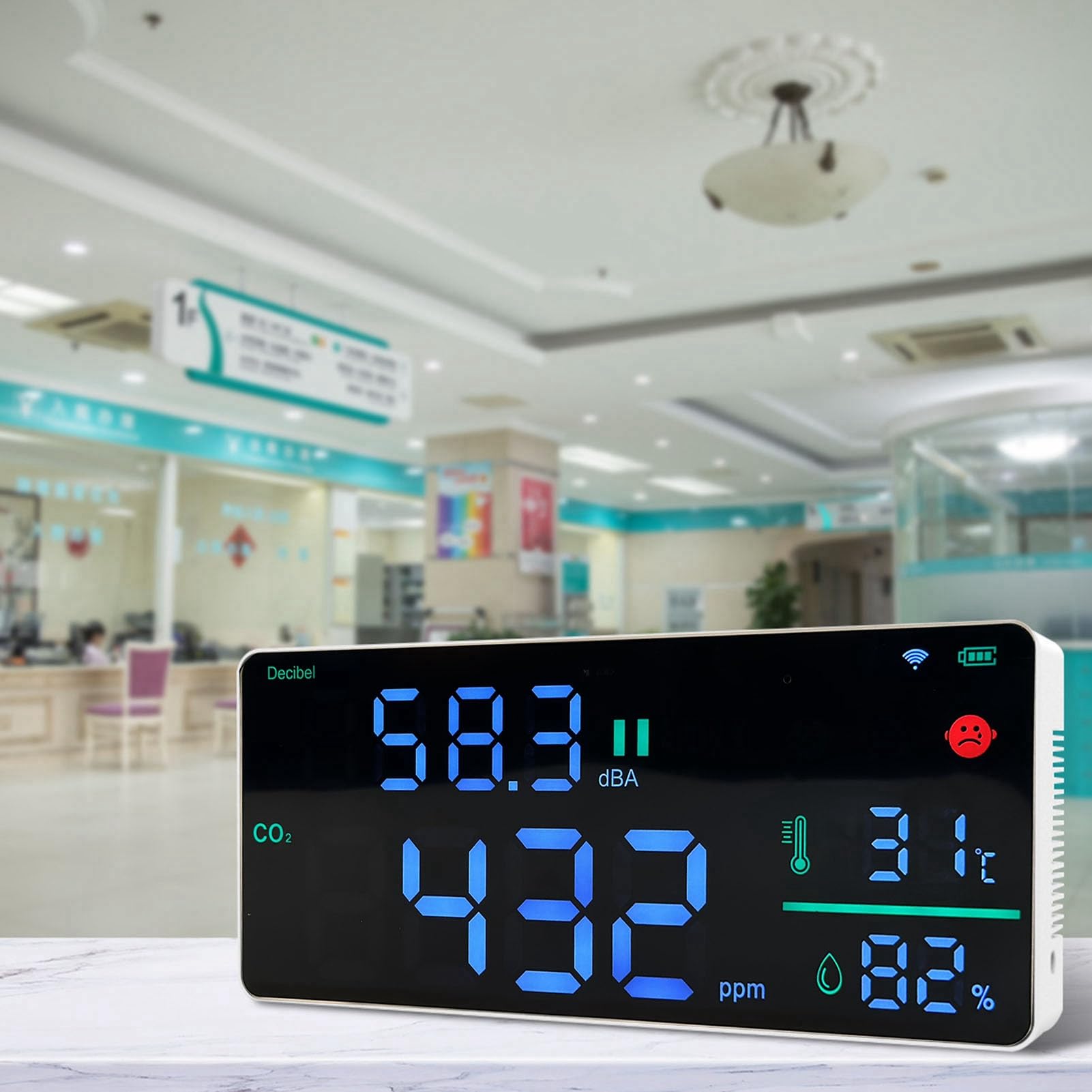 CO2-Monitor, Luftqualitätsmonitor, Digitaler Schallpegelmesser, Temperaturanzeige, Thermometer, Hygrometer, 11 Zoll LED-Anzeige, WiFi-App, Summer, Alarm, Wandhalterung für