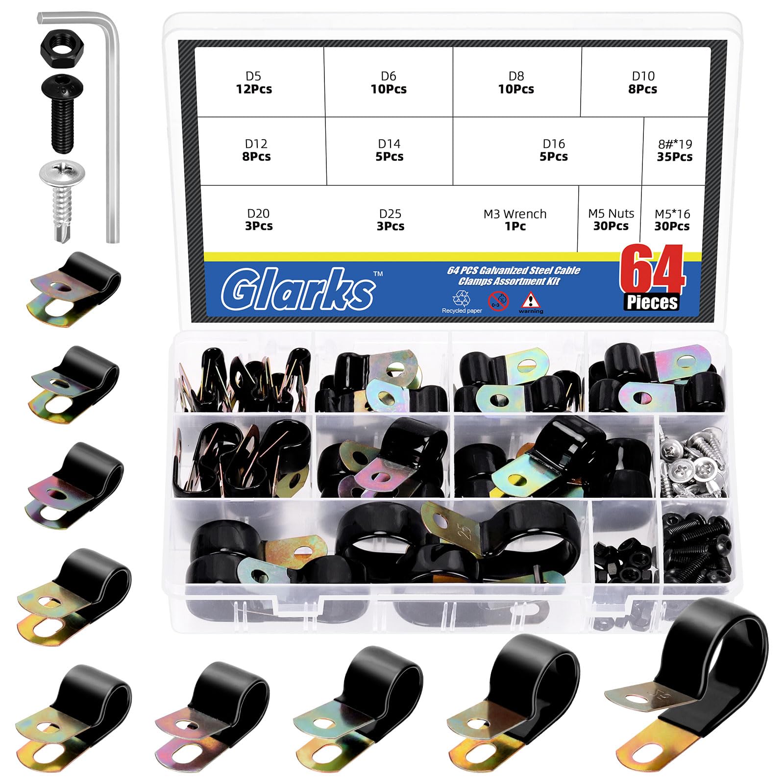 Glarks 160pcs 5/6/8/10/12/14/16/20/25mm Vinyl Coated Cable Clamps Set, Metal Wire Clamps