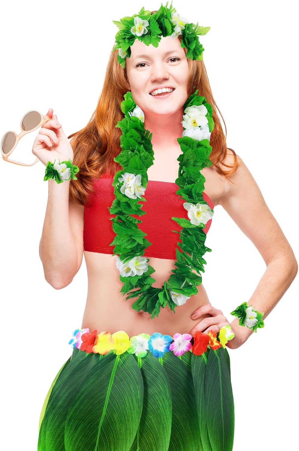 Yahenda 6 Pcs Hawaiian Woman Costume Leaf Hula Skirt with Crop Top Flower Necklace and Leis Outfits for Summer Luau Party - Image 6
