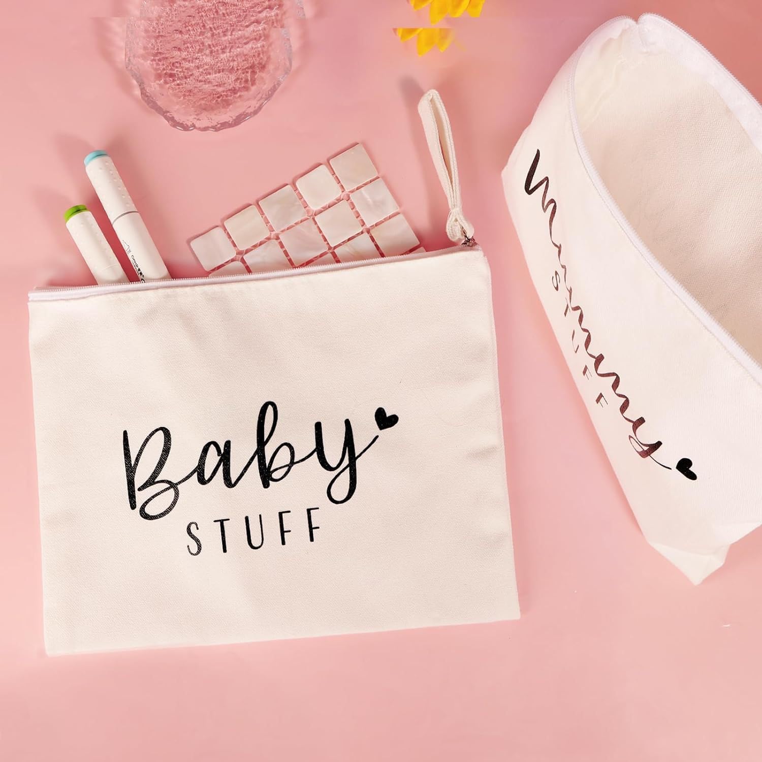 Lot de 2 sacs de maquillage pour maman - Avec fermeture éclair - Pour fête prénatale, beige, 23 cm x 16 cm x 6 cm