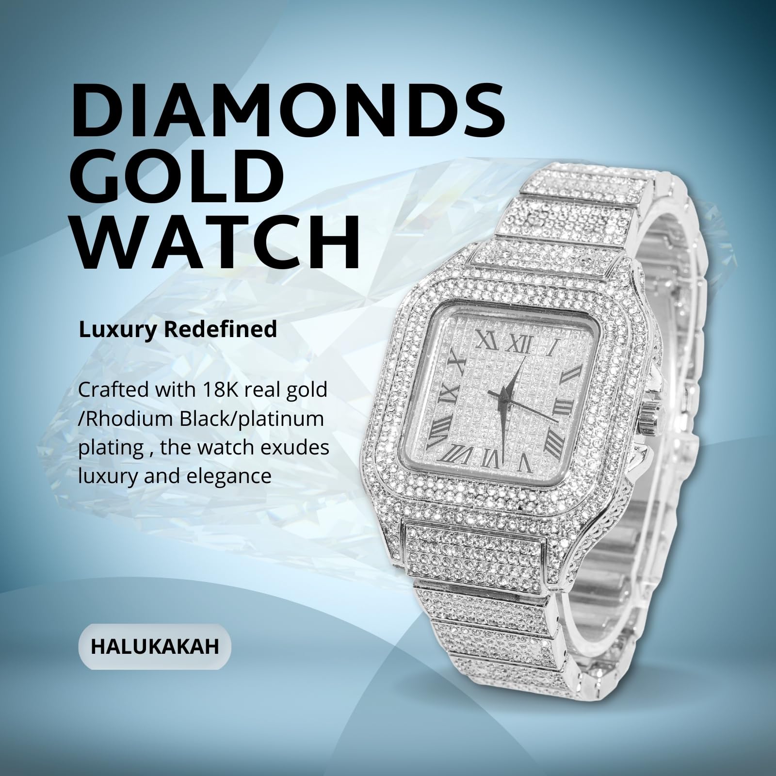 Halukakah Diamentowy zegarek Iced Out dla chłopców, nastolatków – 18 K prawdziwe złoto/platyna, kwadratowy cyferblat 40 mm, długość 20 cm, opcjonalnie z łańcuszkami kubańskimi i narzędziem do