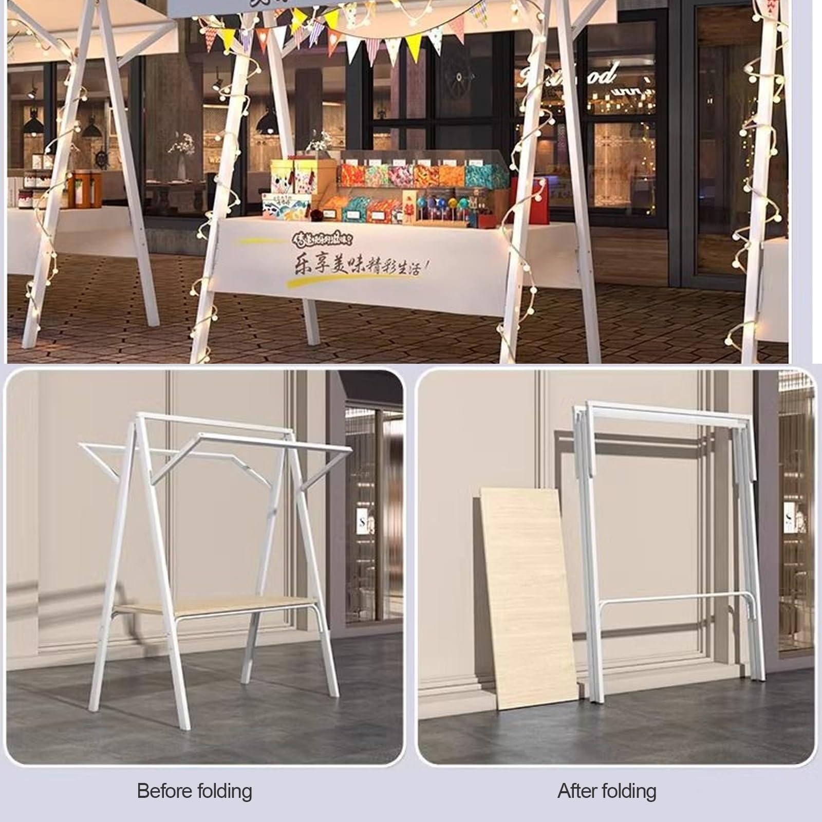 Metal le Sales Carrelli pieghevoli per servizio alimentare su ruote per mercati e centri commerciali, 130 cm, colore bianco, perfetti per catering ed eventi