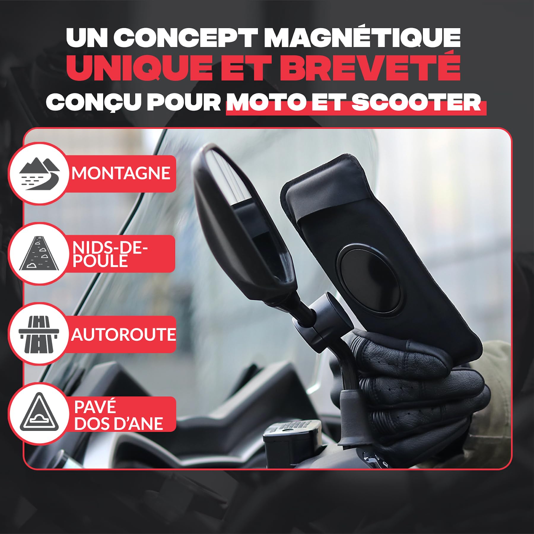 Shapeheart Support Téléphone Rétroviseur Moto Magnétique - Pochette Étanche Tactile XL - Fixation Vissée Rétroviseur Moto, Scooter - Housse Smartphone Imperméable - Système Stable Amovible