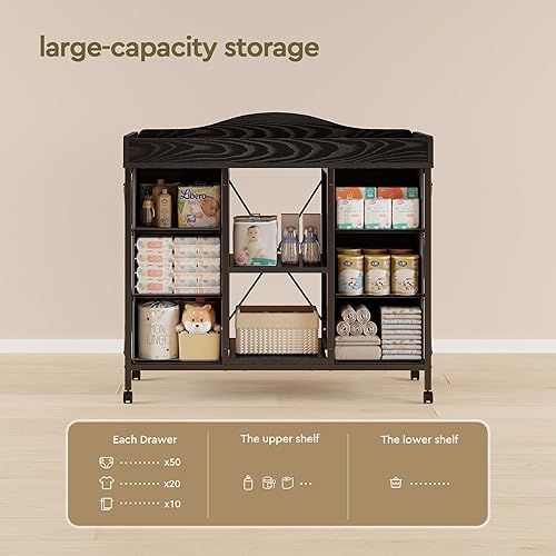 Miniatura 5 de Cambiador, cómoda de bebé de 6 cajones con cambiador, estación y almohadilla para cambiar pañales impermeable, 2 estantes de almacenamiento abiertos