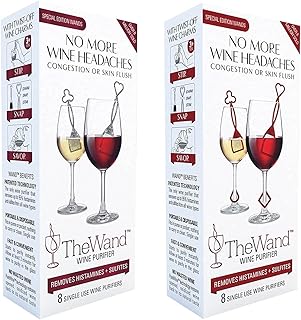 PureWine Wand Purifier Filter Stick Removes Histamines and Sulfites - Reduces Wine Allergies & Eliminates Headaches - Drop It & Stir Aerates Restoring Taste & Purity - Pack of 16 (Silver + Red)