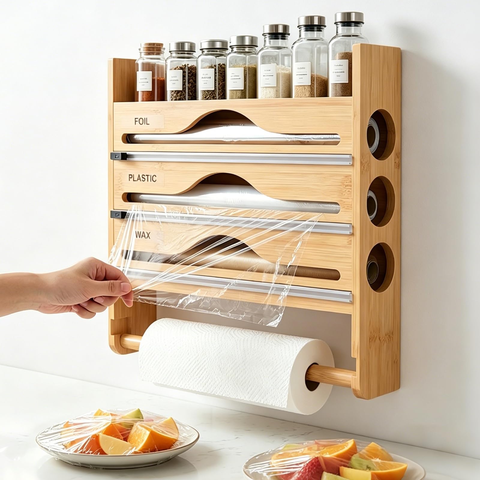 Dispensador Papel Aluminio y Film con Cortador, Portarrollos Cocina Pared 5 en 1 de Bambú, Organizador Film Transparente con Estante Especias