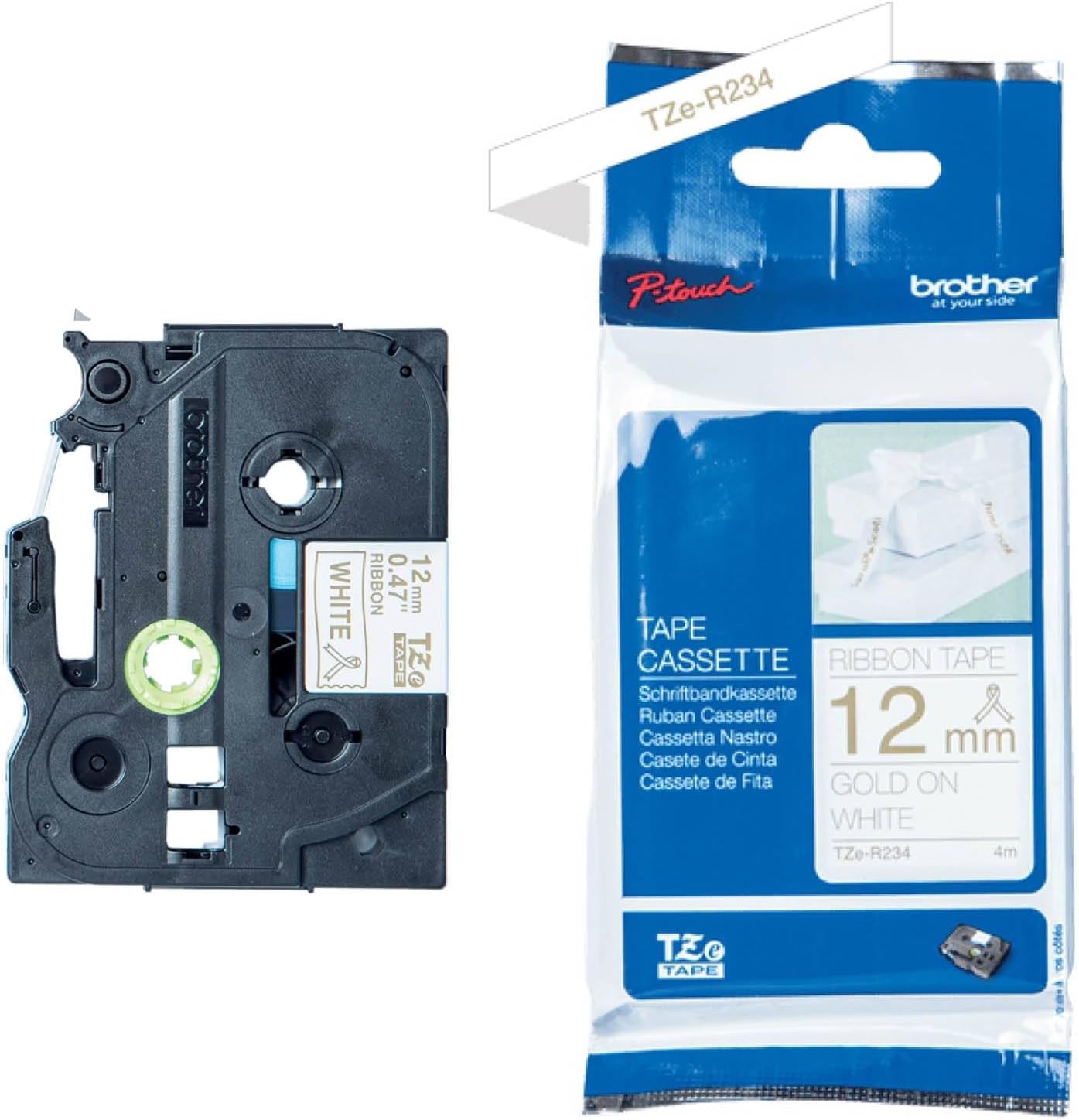 Brother TZe-R231 Labelling Tape Cassette, Black on White, 12mm (W) x 4M (L), Ribbon Tape, Brother Genuine Supplies