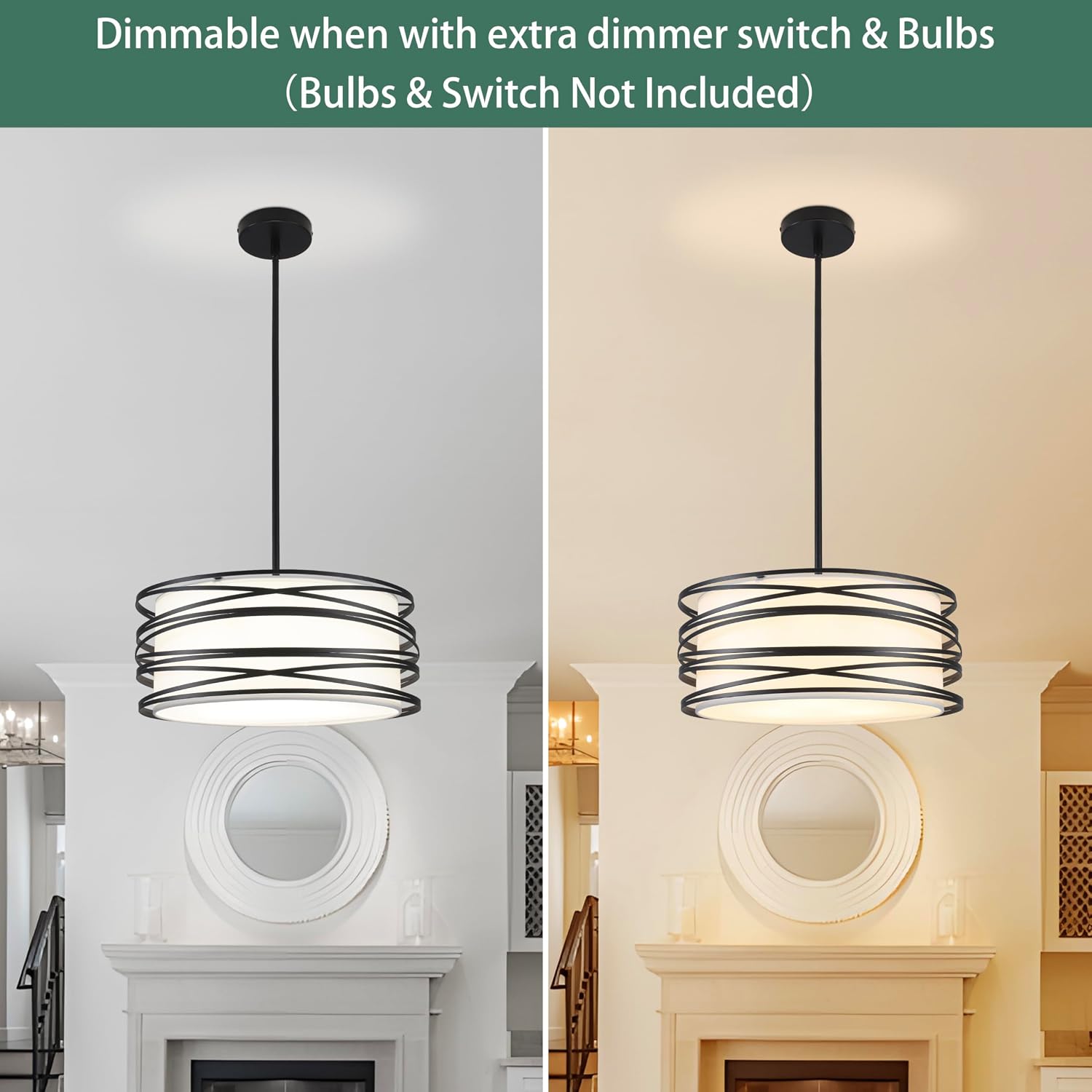 15.7'' Black Drum Chandelier for Dining Room Farmhouse Rustic Pendant Light 3-Light Modern Hanging Ceiling Light Fixture for Hallway Kitchen Island Bedroom
