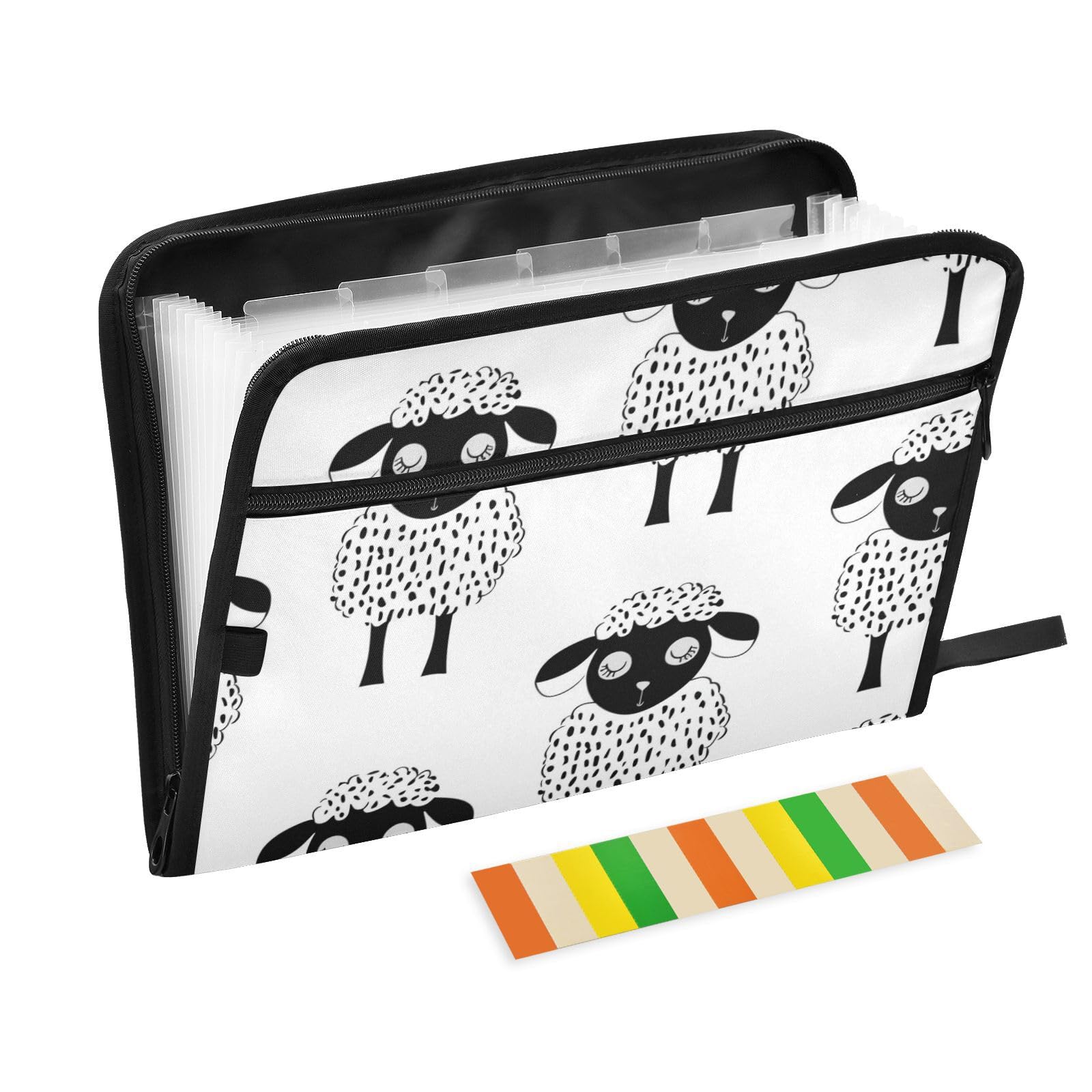 Black and White Playful Lambs Animal Folder with Labels 13 Pockets A4 Letter Size with Zipper Closure for Duty Expanding File