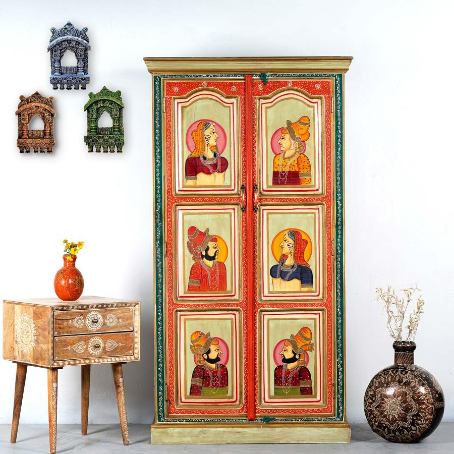 Image of APRODZ Hand-Painted Solid Wood Sideboard Cabinet with 2 Doors | Wooden Storage Cabinet for Bedroom Living Room & Kitchen | Crockery Cabinet, Kitchen Storage | Multicolor, 36x18x66 Inches