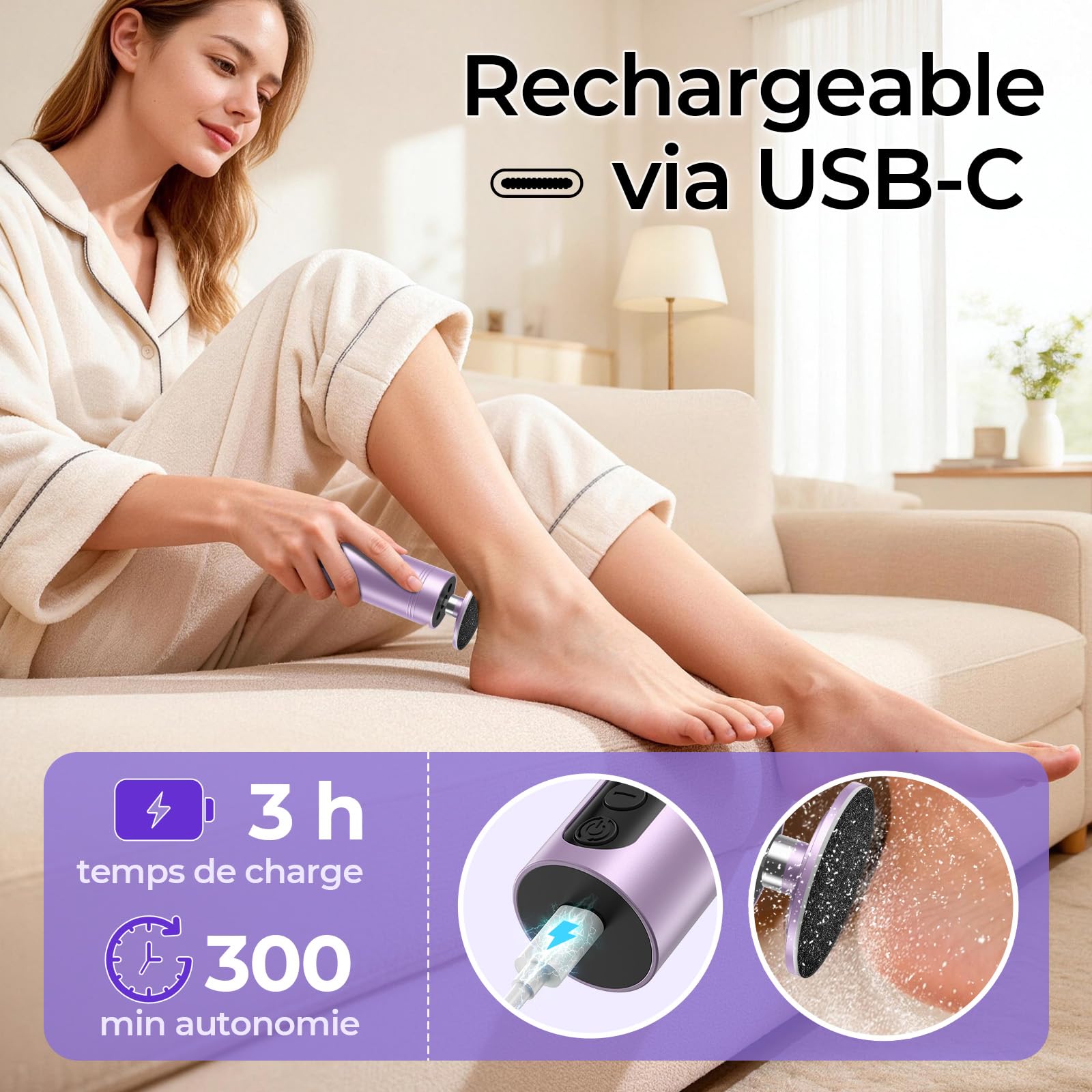 Rapeuse Pieds Électrique Puissante, 2-en-1 Ponceuse Pieds et Lime Ongles avec Écran LED, 9 Vitesses, Rechargeable, Kit Pédicure Professionnel pour Callosités, Peaux Mortes et Talons Fissurés, Violet
