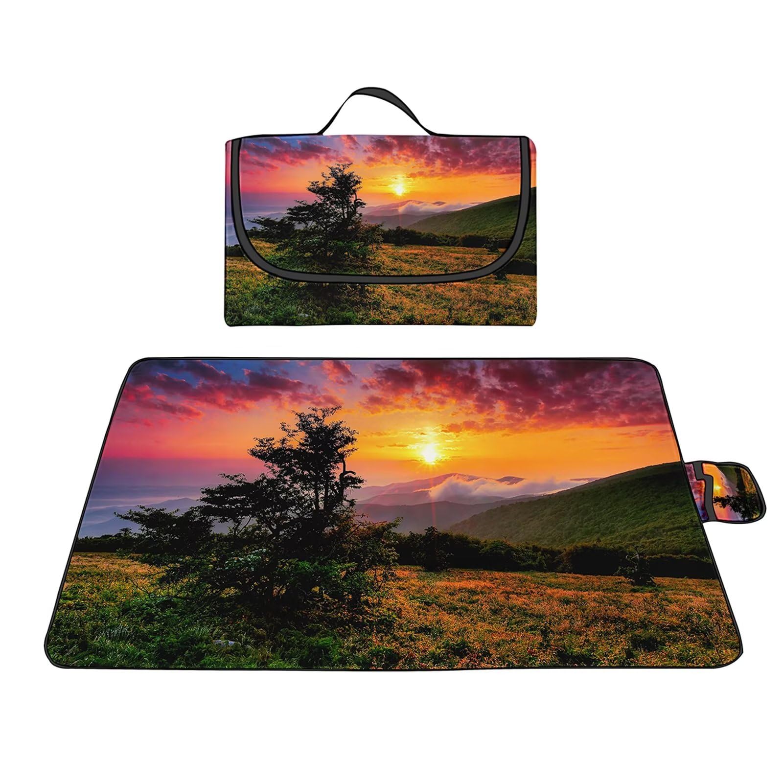Couverture Pique-nique Imperméable 150x150cm,Couverture Plage Extérieure XXL,Coucher de soleil paysage de montagne Camping Couverture étanche Pique-nique avec Poignée pour Camping Randonnée Parc Plage