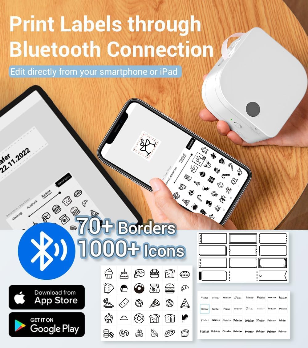 Phomemo P12 Etichettatrice con 10 Nastri (Raso/Termoadesivo/Plastica), Stampante di Etichette Bluetooth Portatile, Set Regalo per Casa, Scuola e Ufficio, Compatibile con iOS e Android